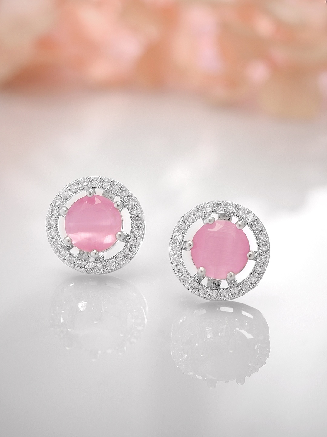 

Rubans Rhodium-Plated Circular Studs Earrings, Pink