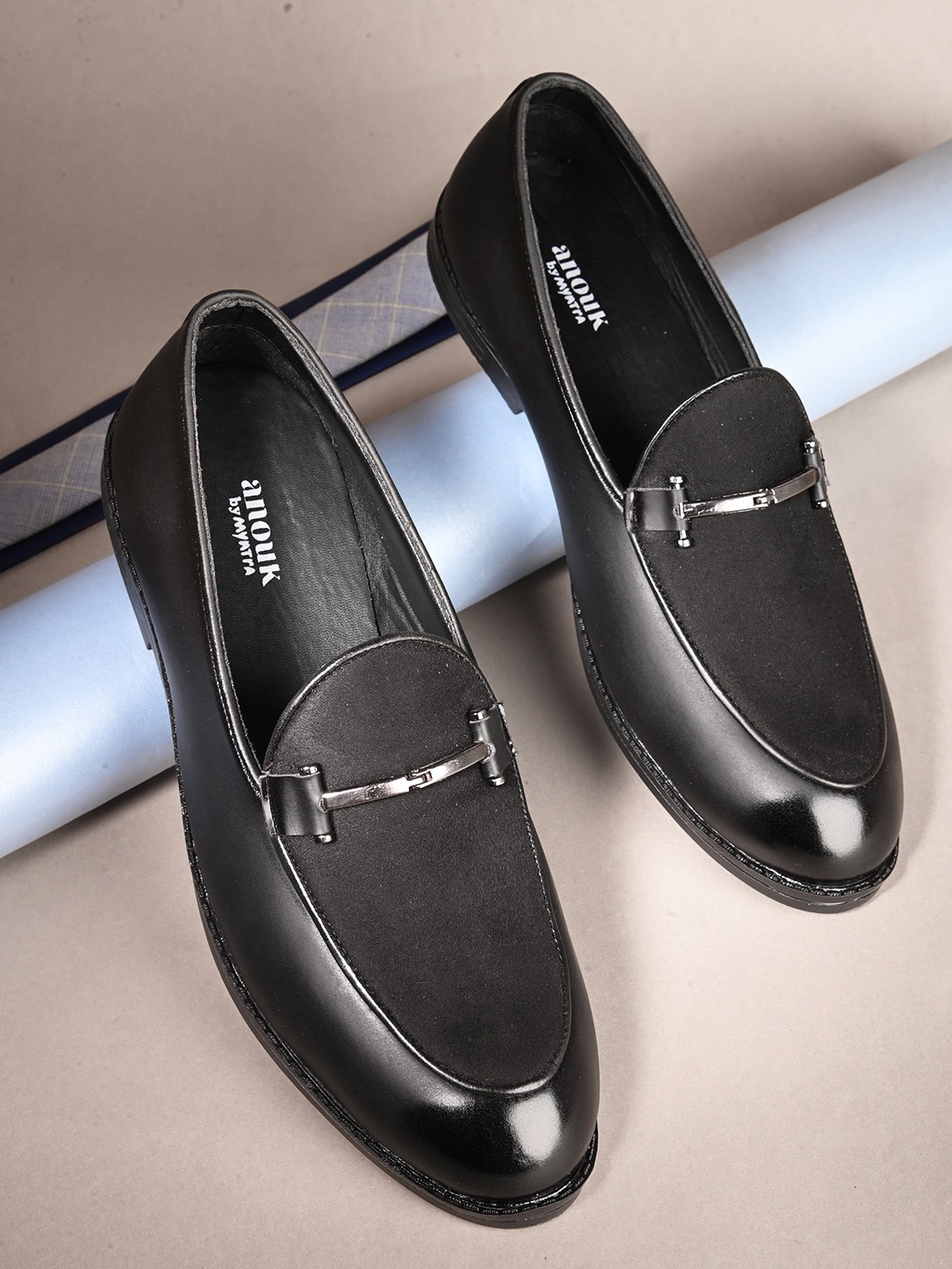 

Anouk Men Round Toe Slip On Loafers With Buckles, Black