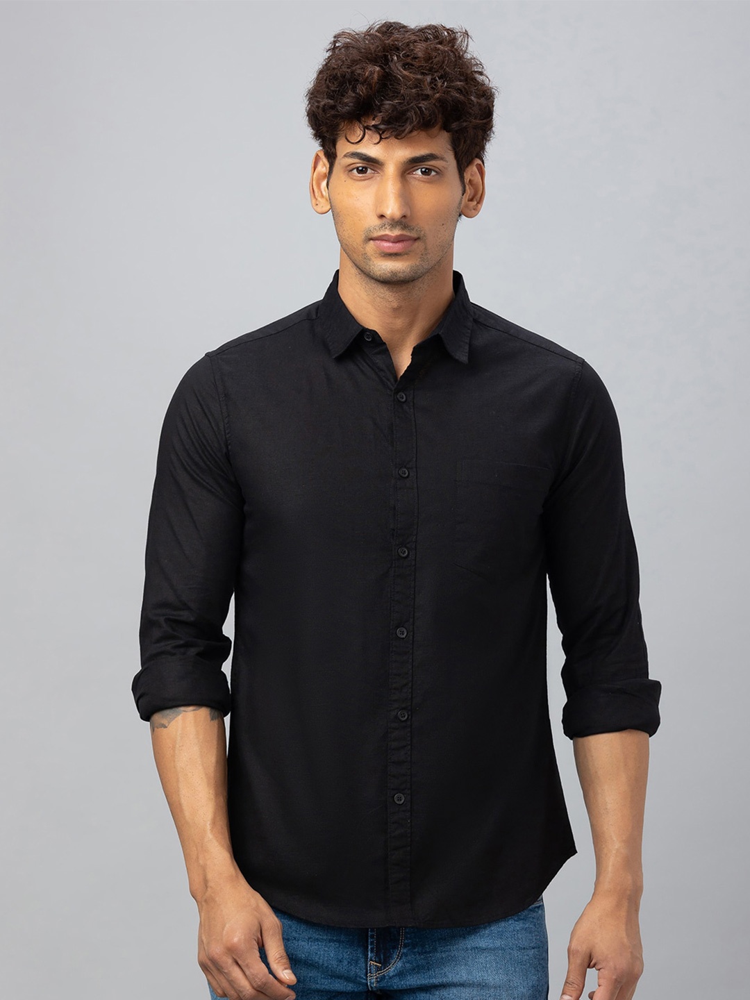 

Globus Comfort Spread Collar Cotton Linen Casual Shirt, Black