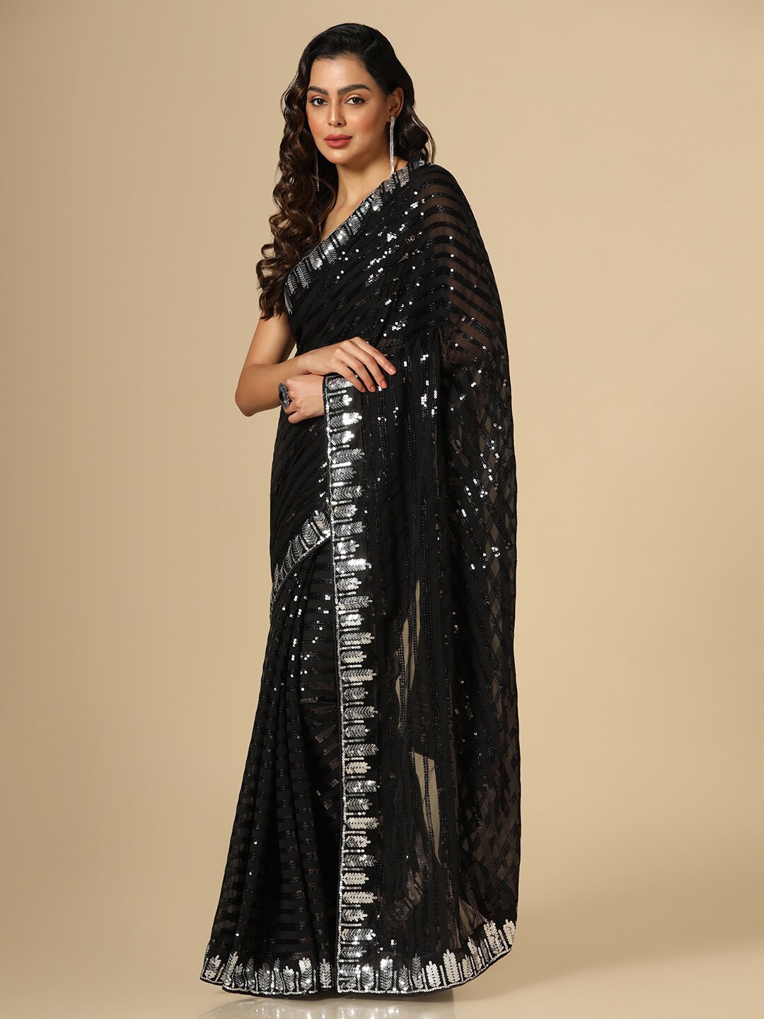 

Satrani Striped Sequinned Saree, Black