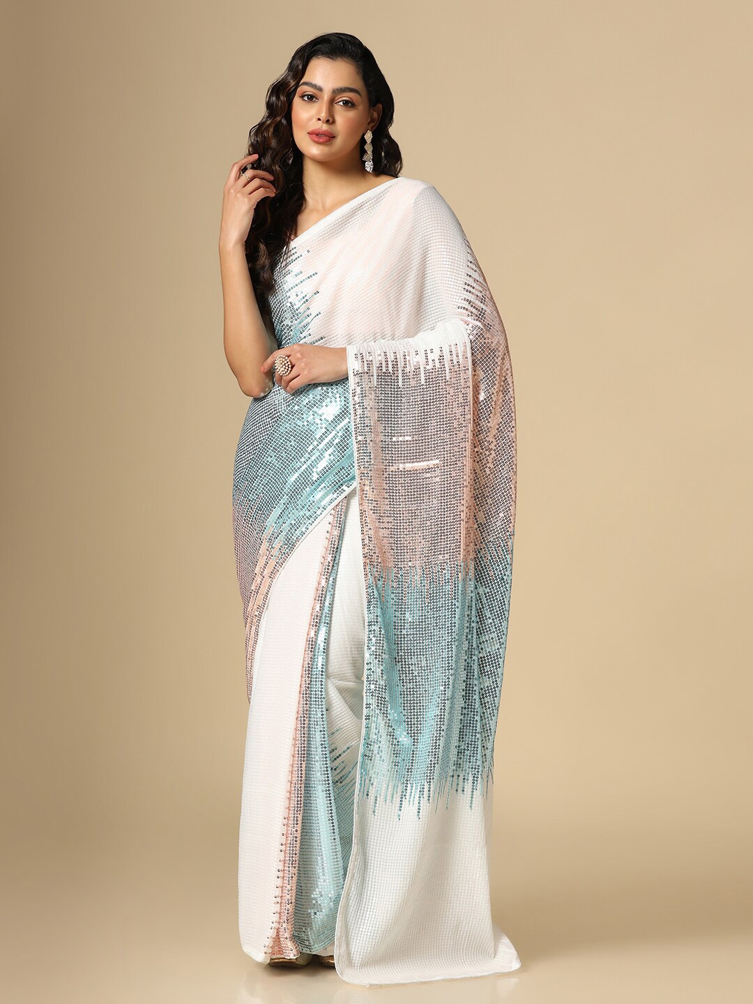 

Satrani Embellished Sequinned Saree, White