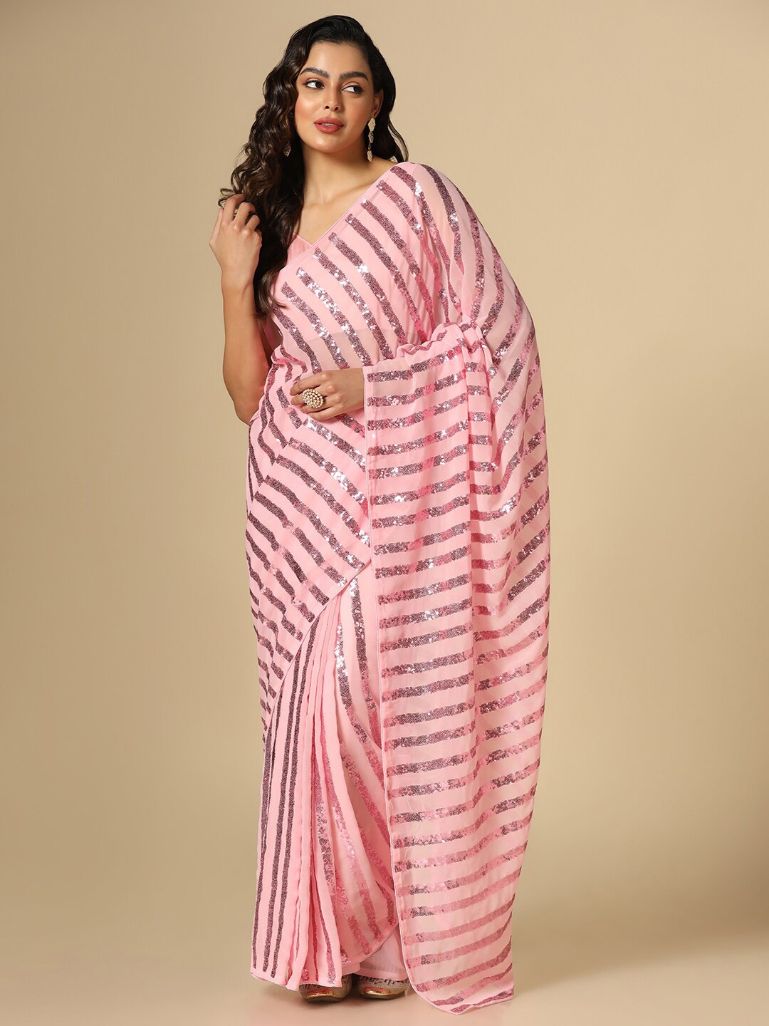 

Satrani Embellished Sequinned Saree, Pink