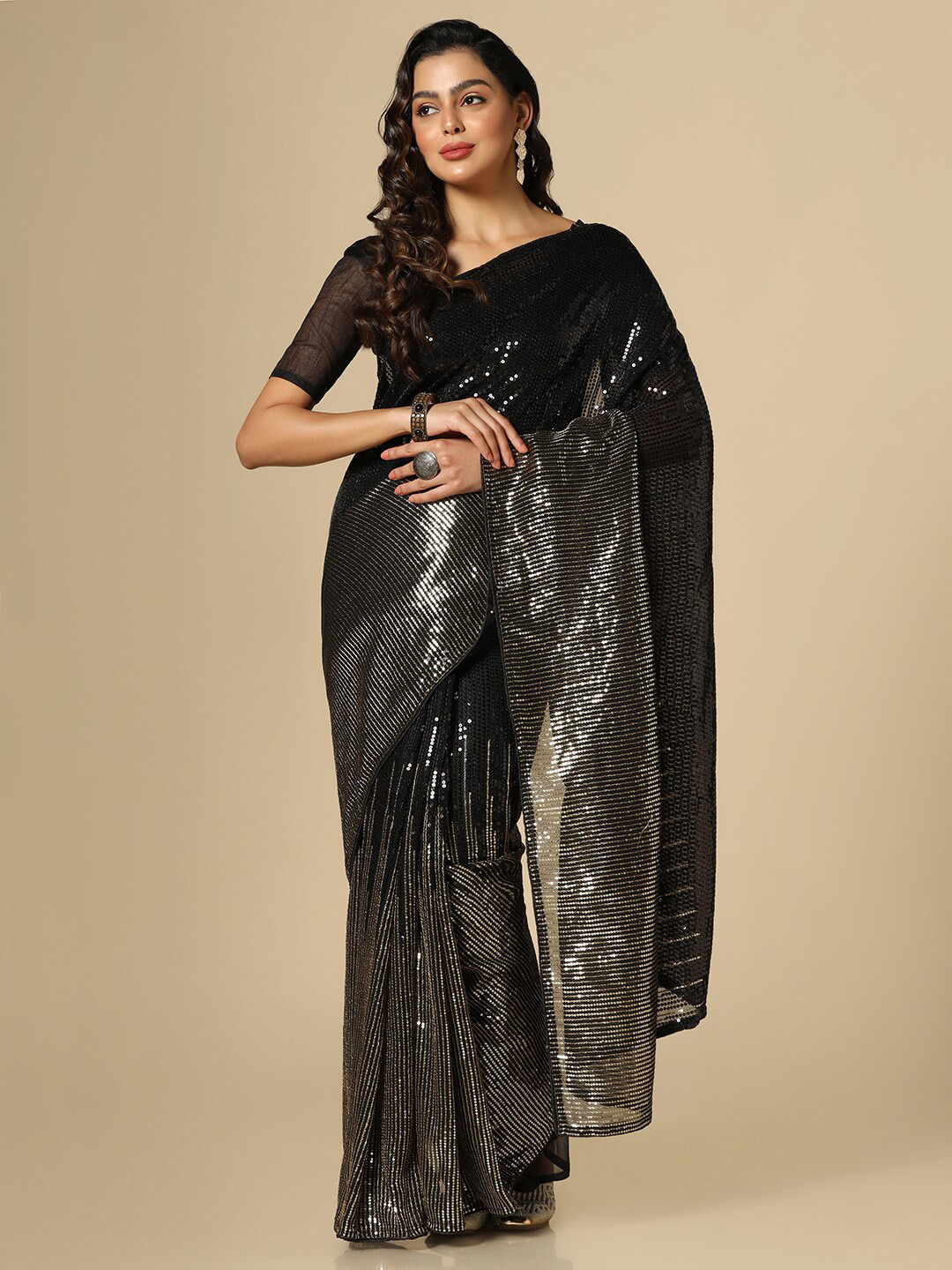 

Satrani Embellished Sequinned Saree, Black