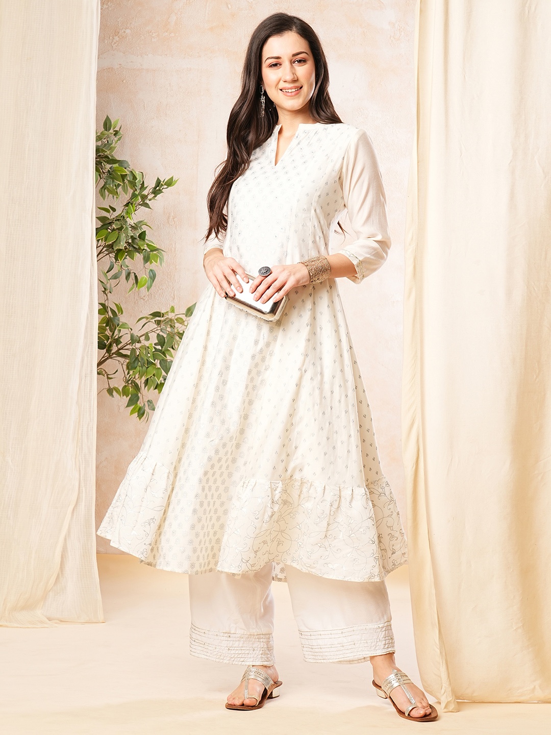 

Globus Women Sequined Silver Foil Printed Paneled Anarkali Kurta, Off white