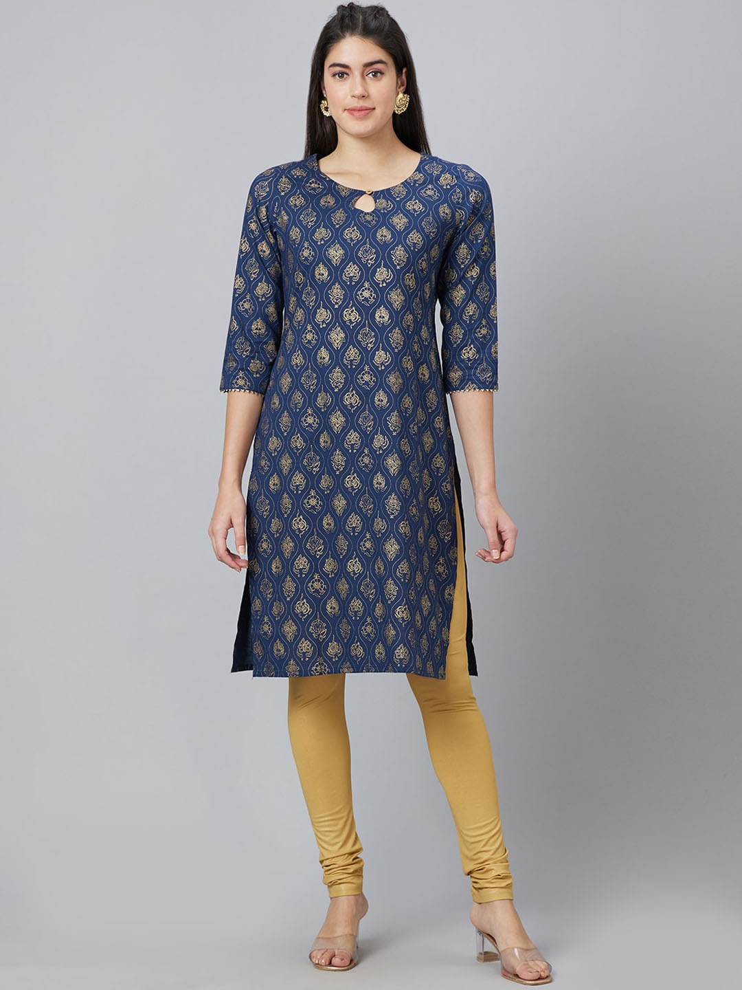 

Globus Keyhole Neck Ethnic Motifs Printed Straight Cotton Kurta, Navy blue