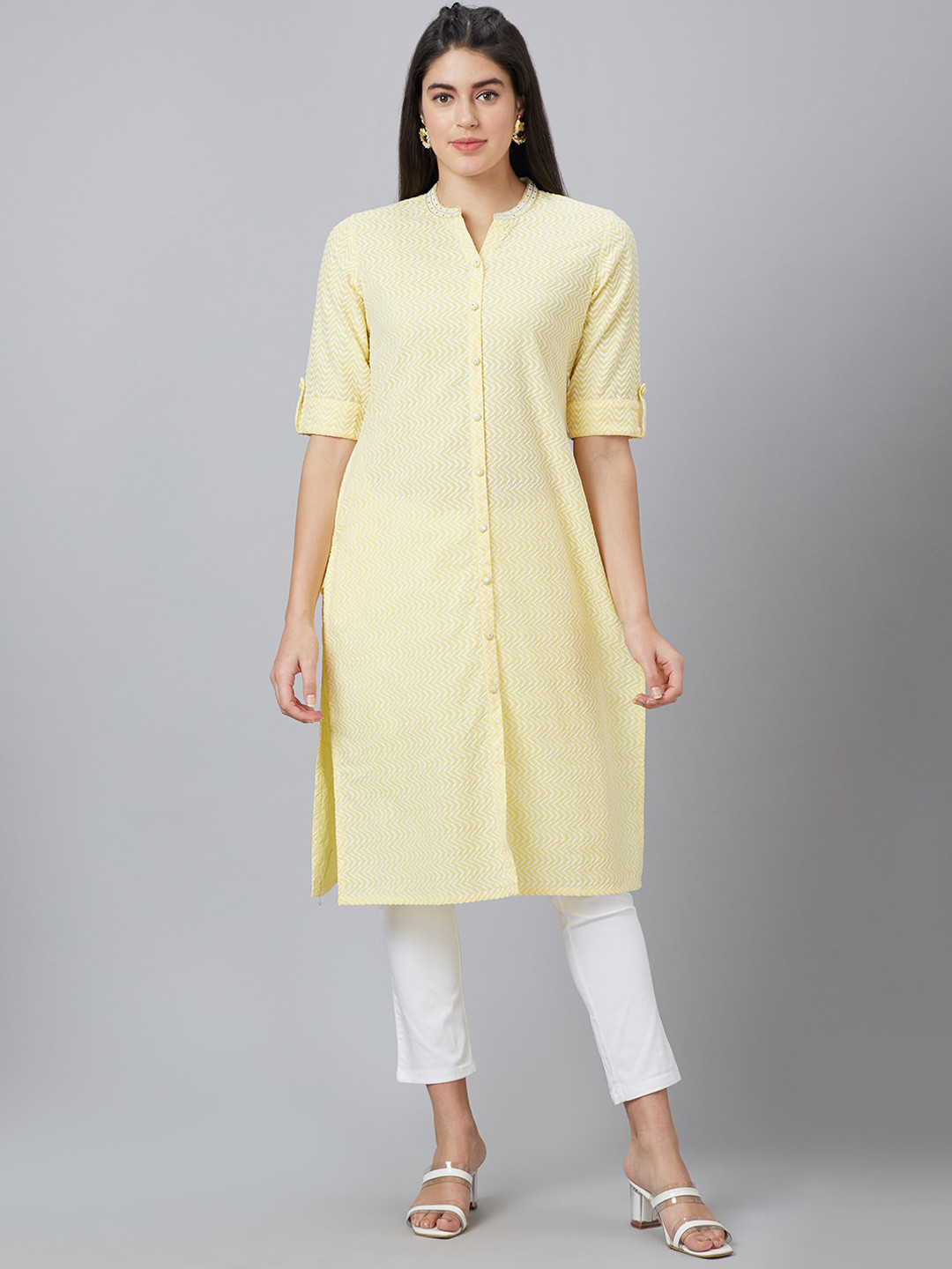 

Globus Embroidered Mirror Work Pure Cotton Kurta, Yellow