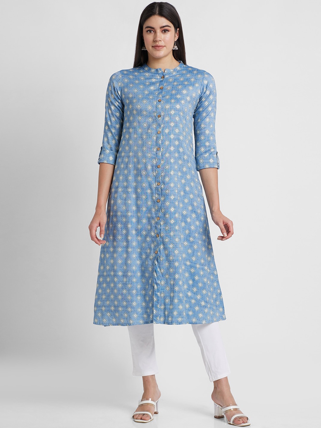 

Globus Band Collar Ethnic Motifs Printed A-Line Kurta, Blue