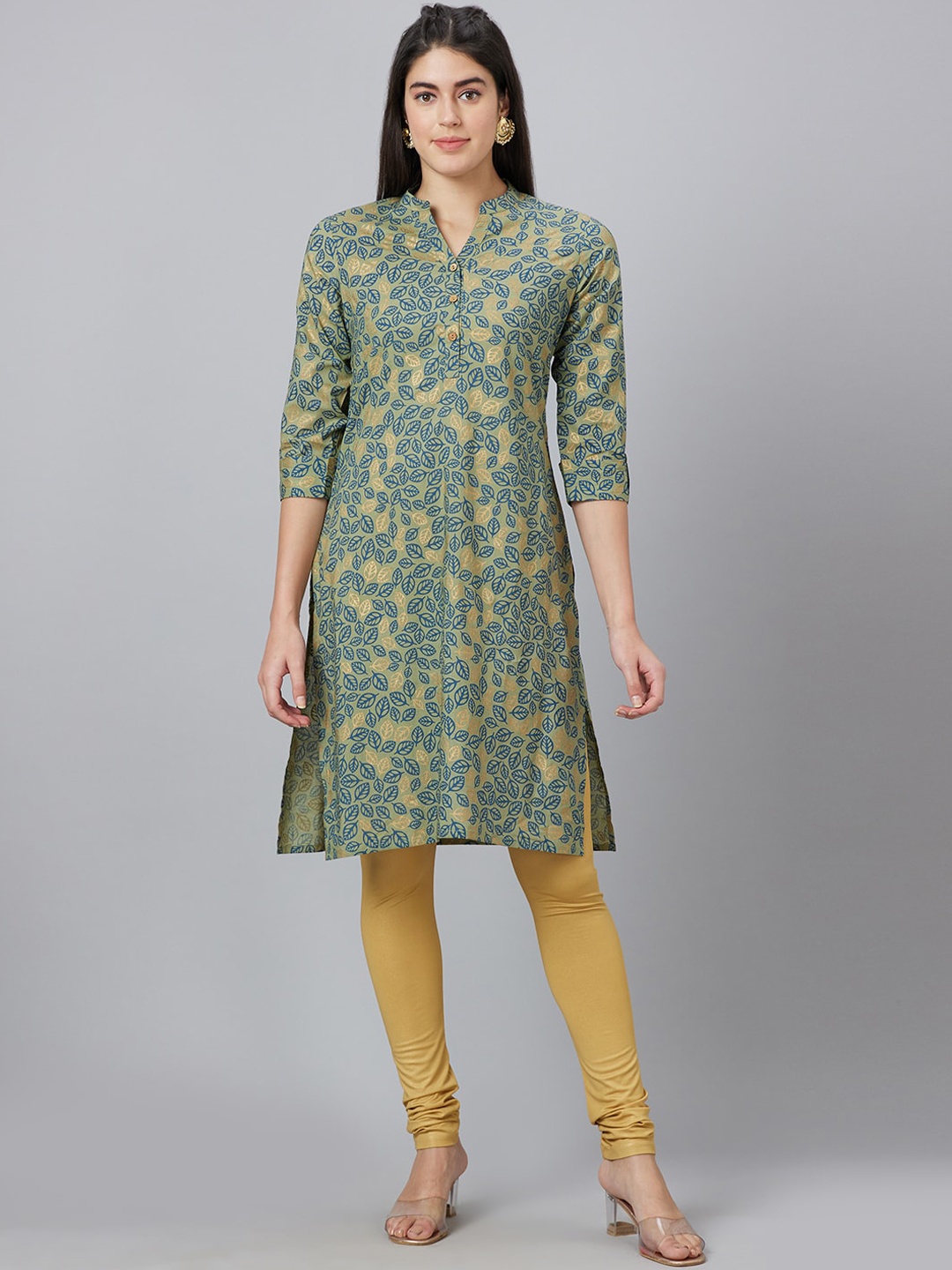 

Globus Ethnic Motif Printed Band Collar Straight Kurta, Olive