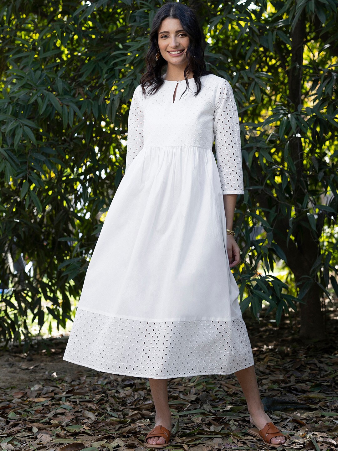 

Pink Fort Keyhole Neck Schiffli Cotton A-Line Midi Dress, White