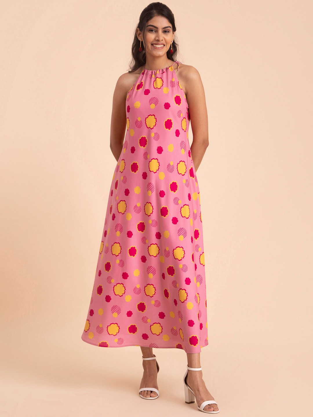 

Pink Fort Halter Neck Geometric Printed A-Line Midi Dress