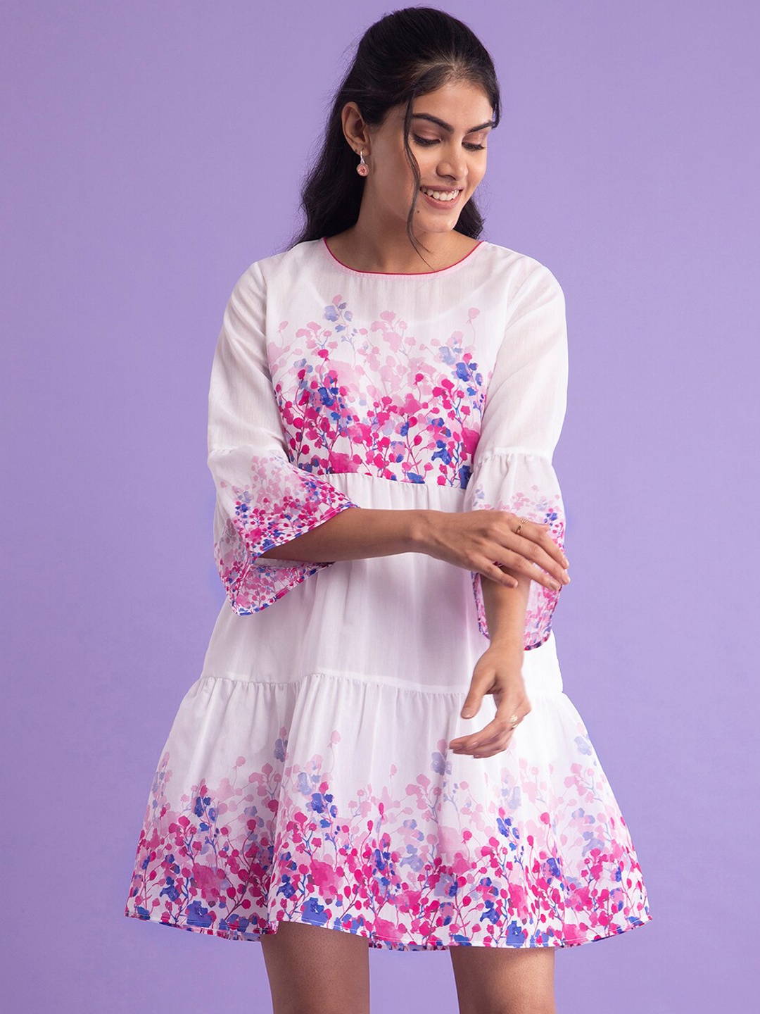 

Pink Fort Round Neck Floral Printed A-Line Dress, White