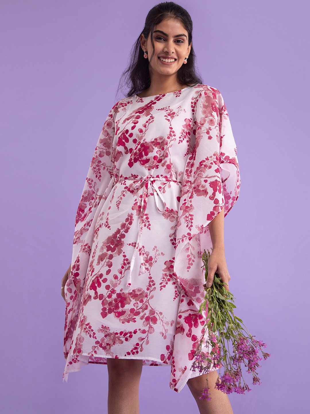 

Pink Fort Round Neck Floral Printed Mini Kaftan Dress With Belt, White