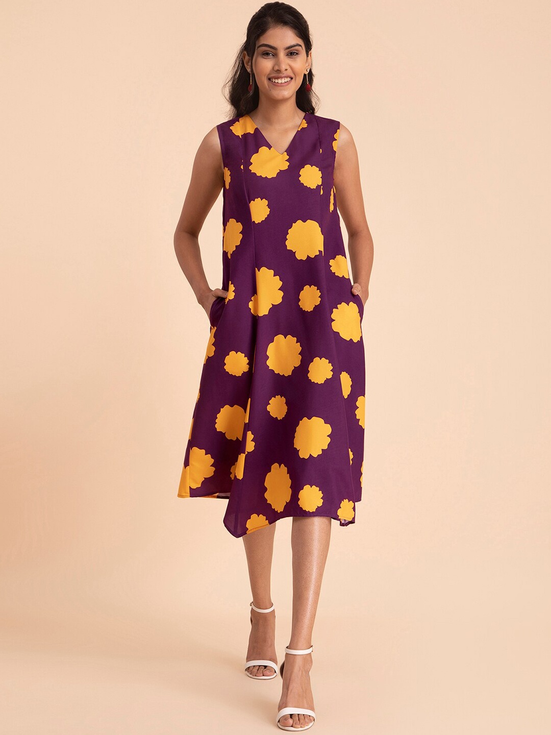 

Pink Fort V-Neck Floral A-Line Midi Dress, Purple