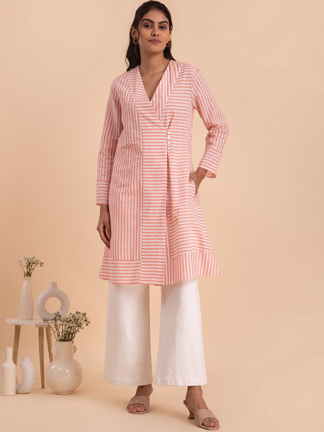 

Pink Fort Striped Angrakha Cotton A-Line Kurta