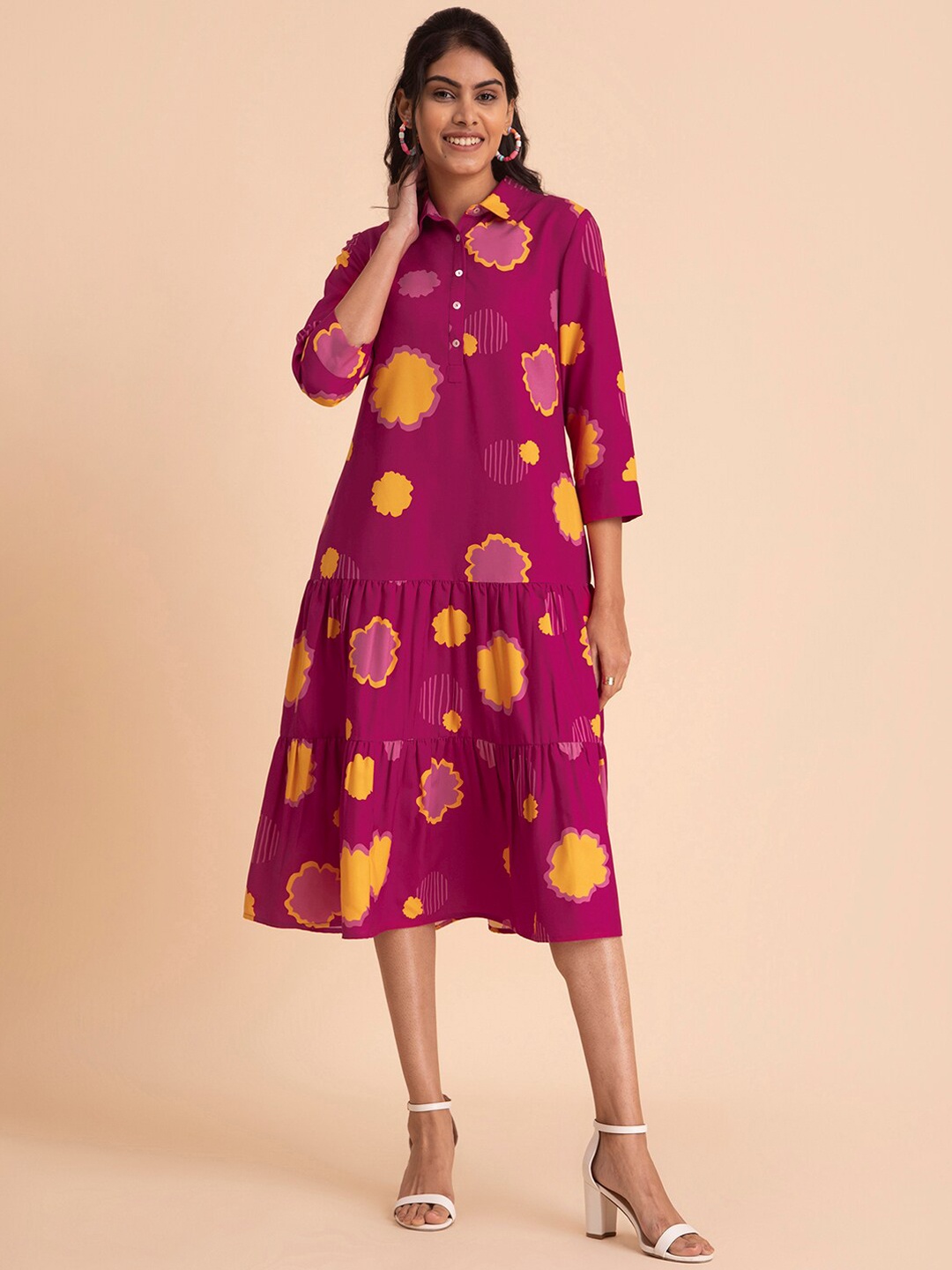 

Pink Fort Floral Printed Midi-Length Tiered Ethnic Dress