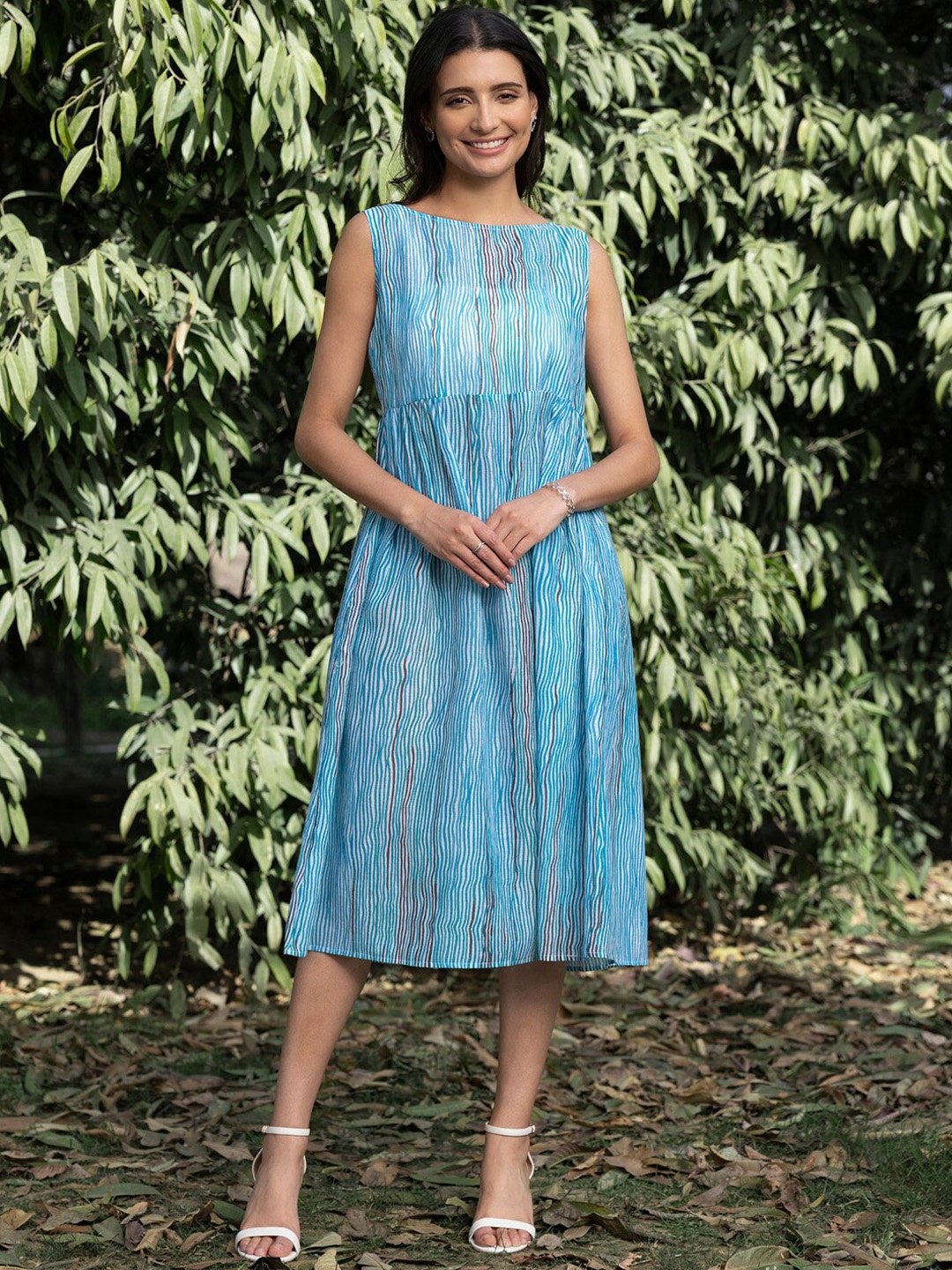 

Pink Fort Striped Chanderi Boat Neck Sleeveless Midi A-line Ethnic Dress, Blue