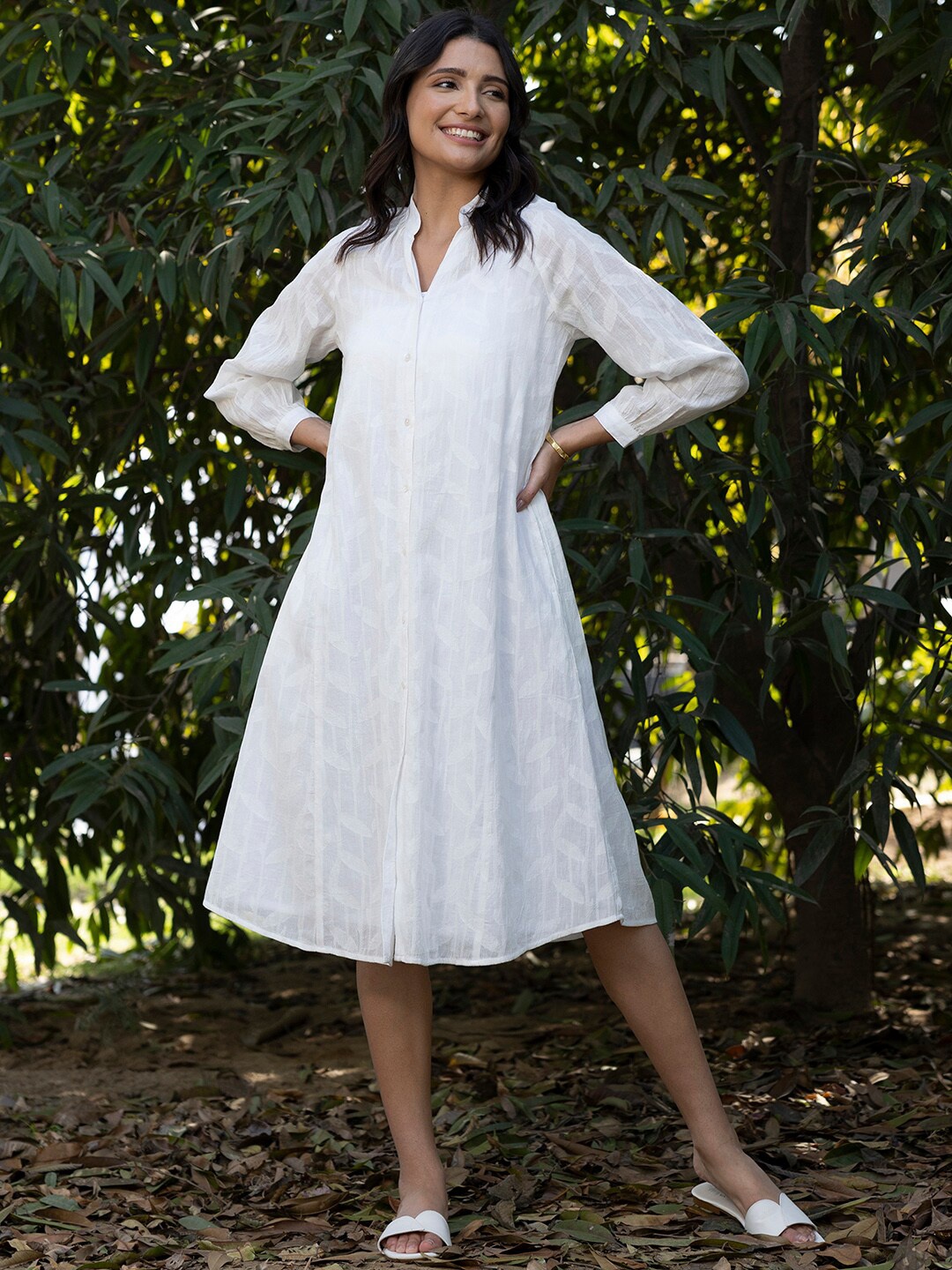

Pink Fort Self Design Cotton Band Collar Cuffed Sleeves Midi A-line Dress, White