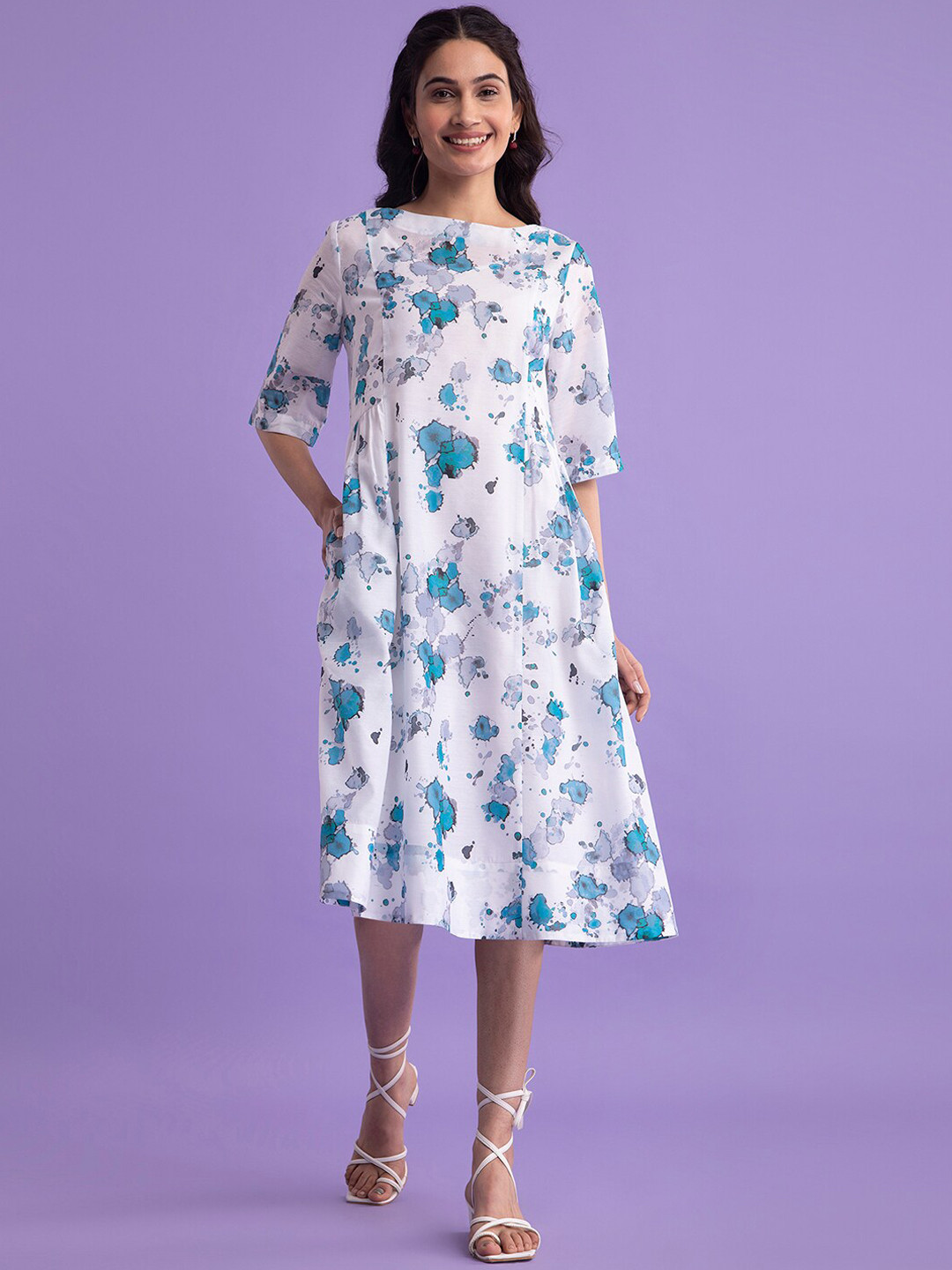 

Pink Fort Floral Printed A-Line Midi Dress, White