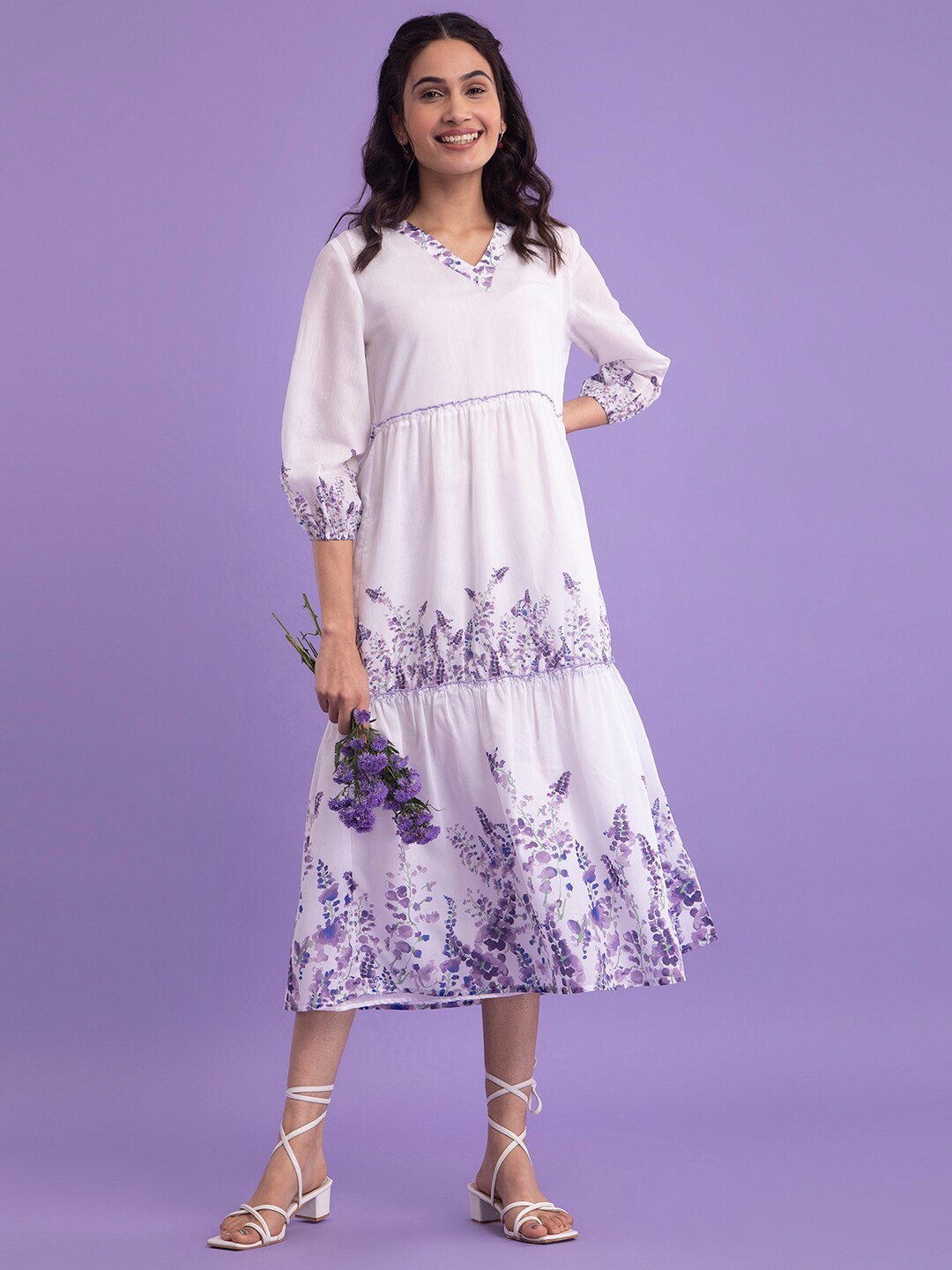 Pink Fort Floral Printed V-Neck Puff Sleeves Midi A-line Dress, White