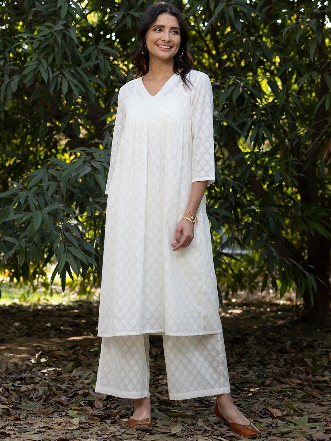 

Pink Fort Geometric Woven Design V Neck Cotton A-Line Kurta With Slip, White