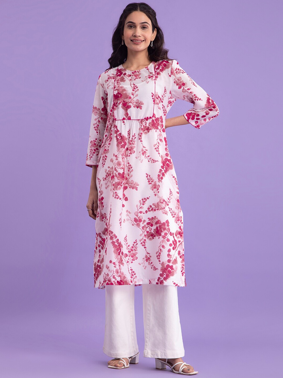 

Pink Fort Floral Printed Straight Kurta, White