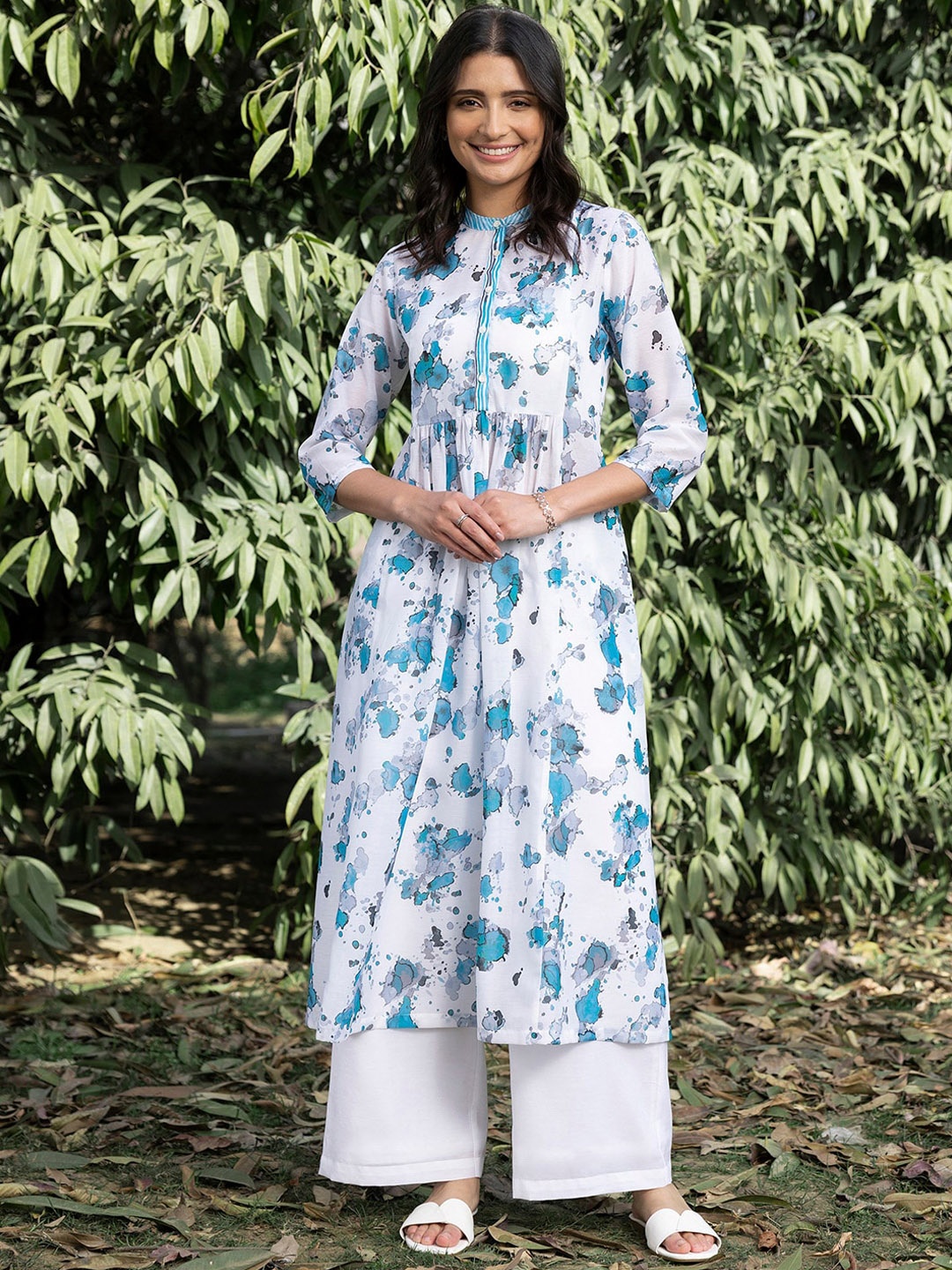 

Pink Fort Floral Printed Band Collar Anarkali Kurta, White