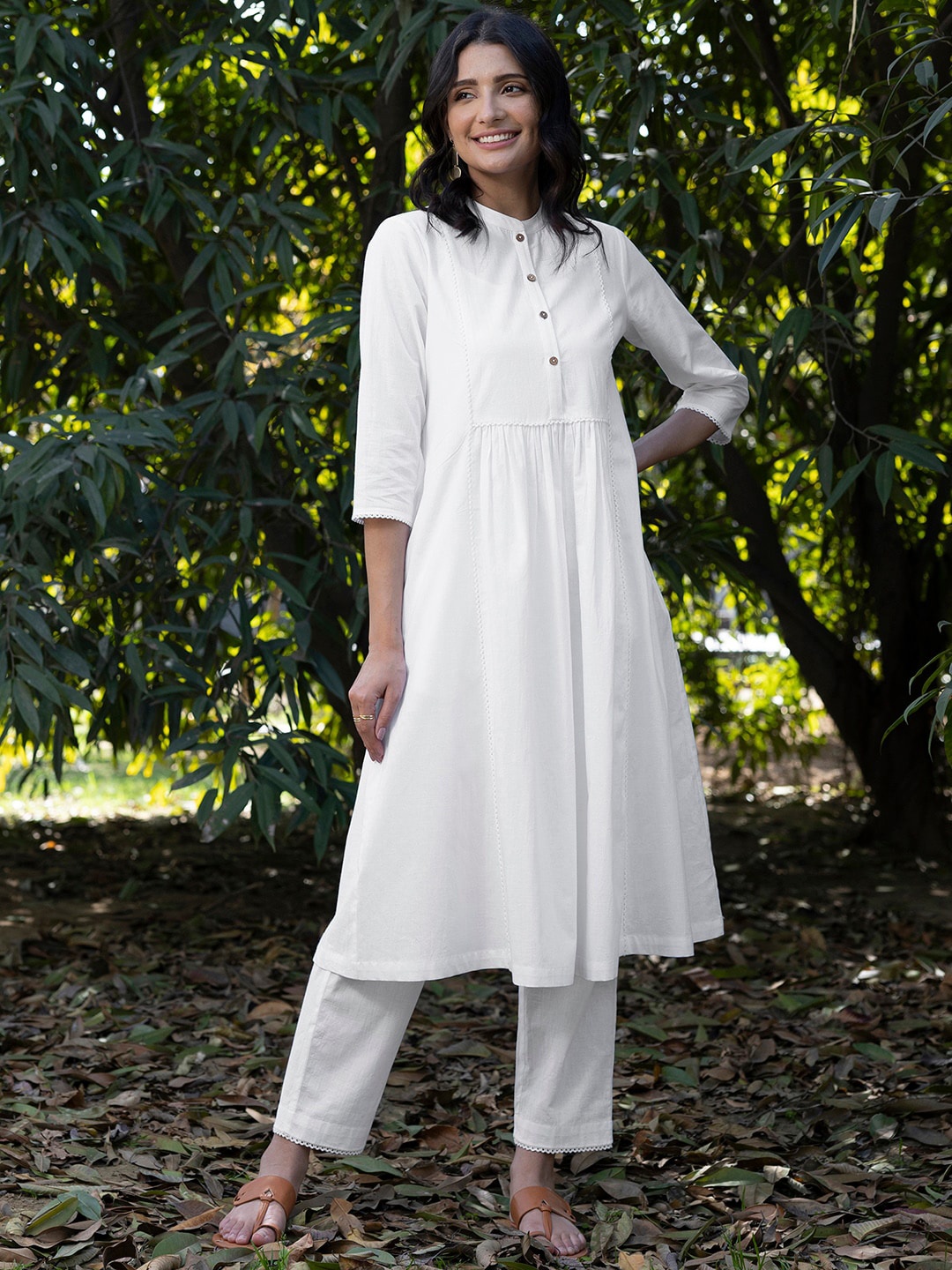 

Pink Fort Band Collar Cotton Anarkali Kurta, White