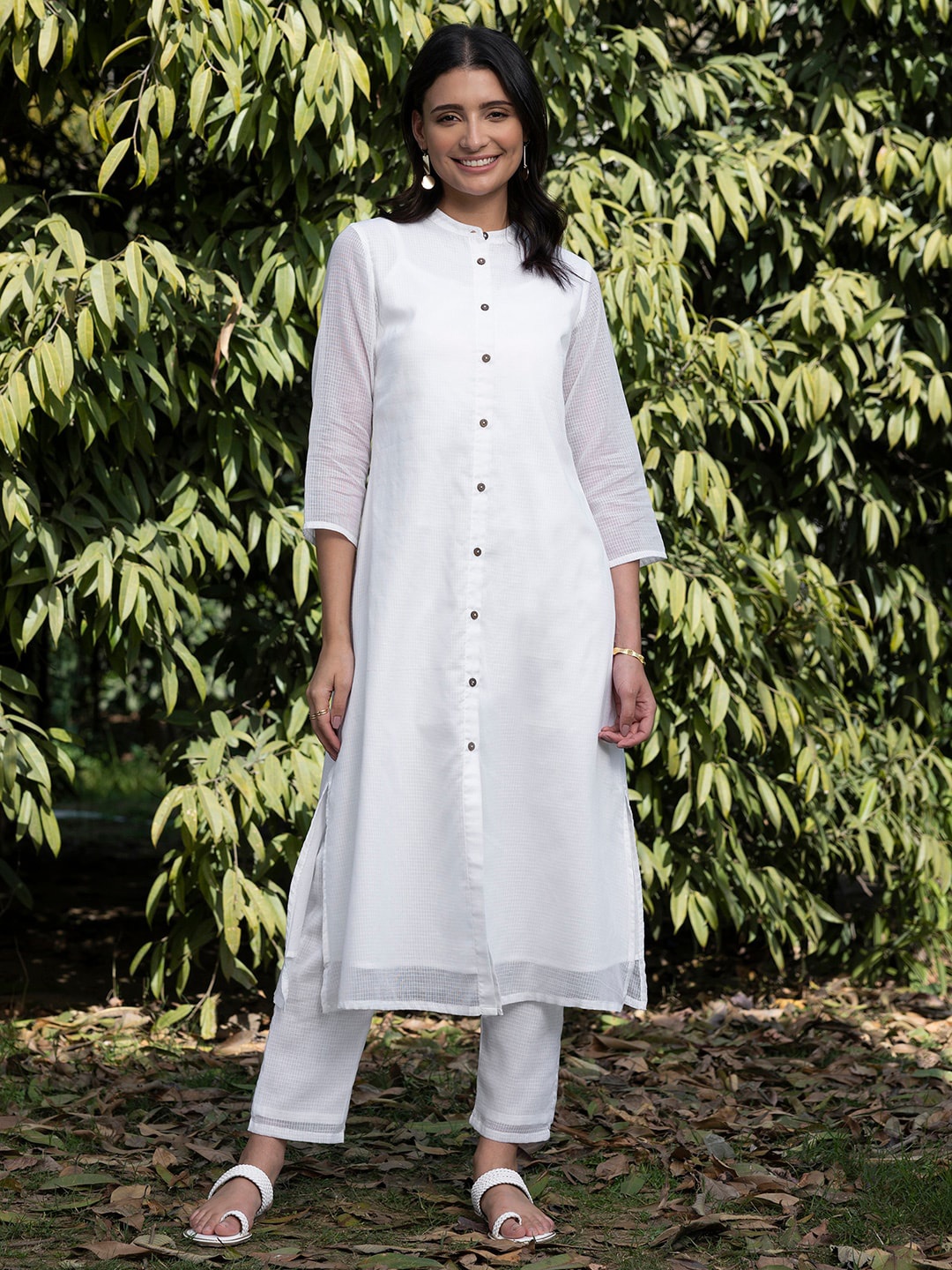 

Pink Fort Band Collar A-Line Cotton Kurta, White