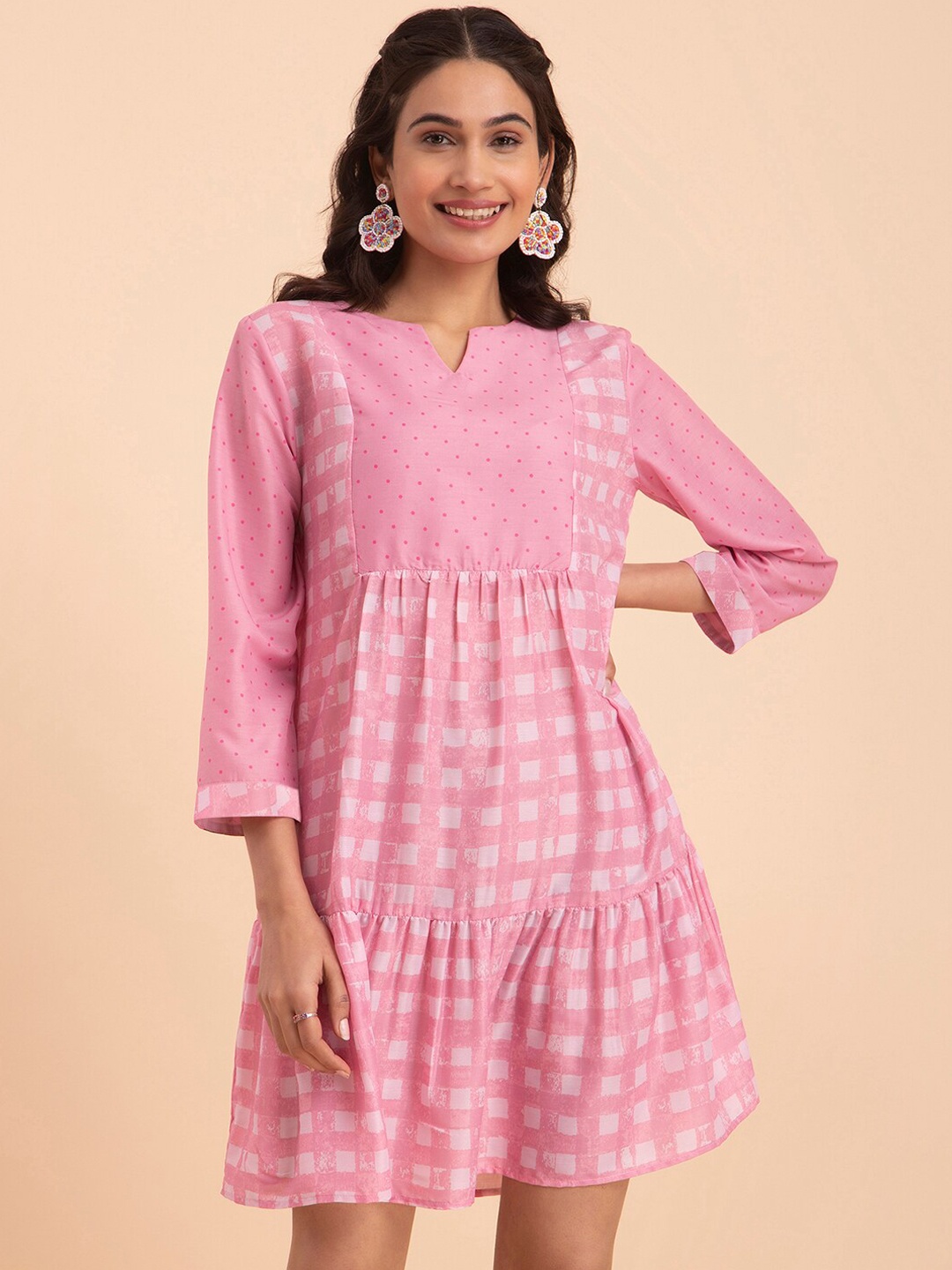 

Pink Fort Checked Notched Neck A-Line Dress