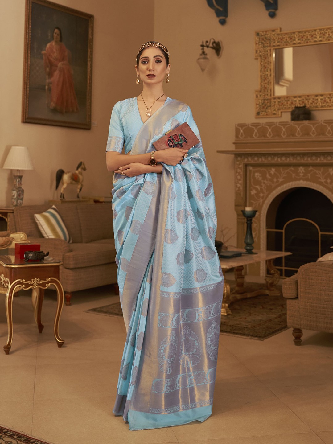 

elora Ethnic Motif Woven Design Pure Silk Banarasi Saree, Blue