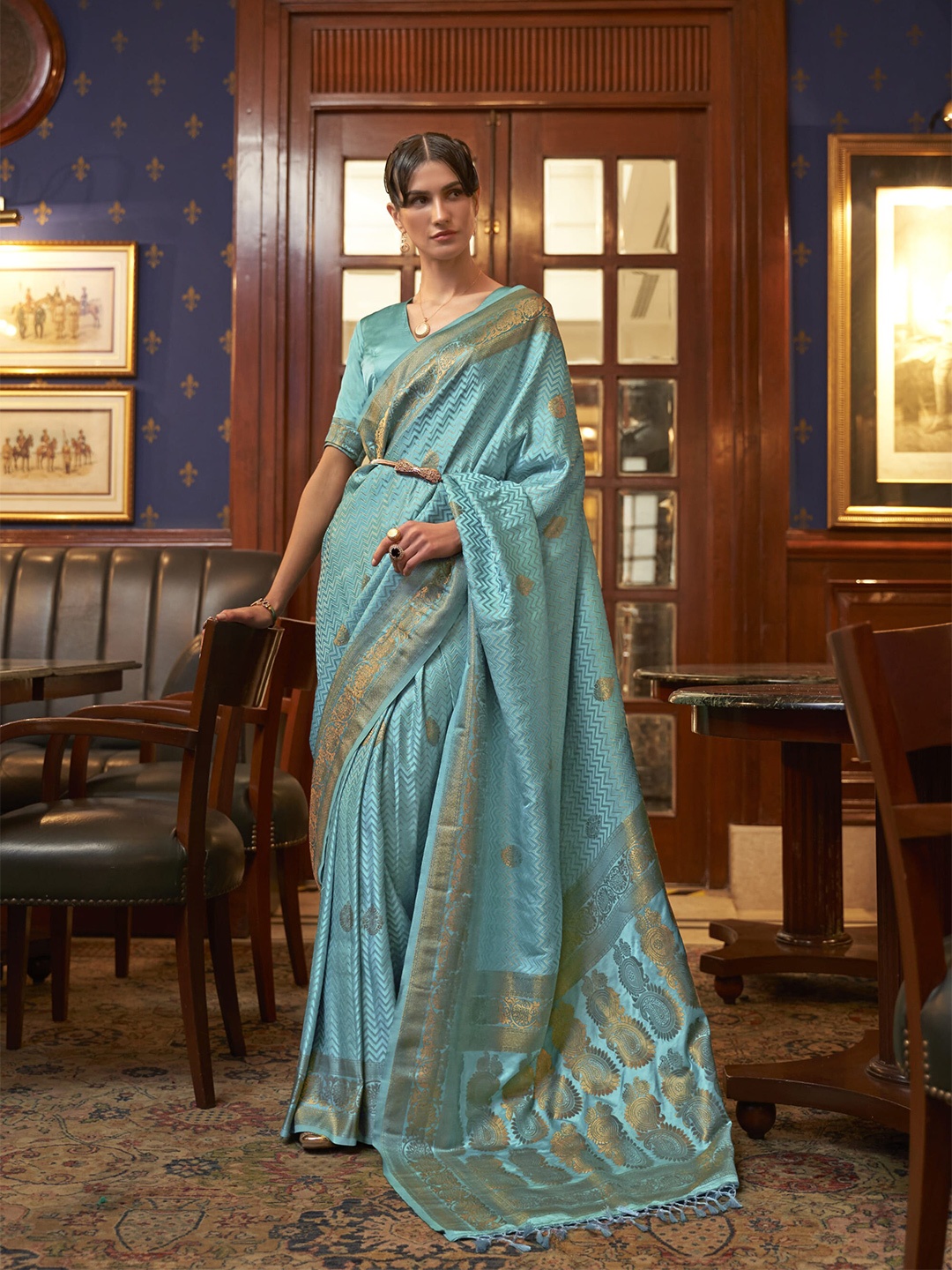 

elora Blue Woven Design Satin Banarasi Saree