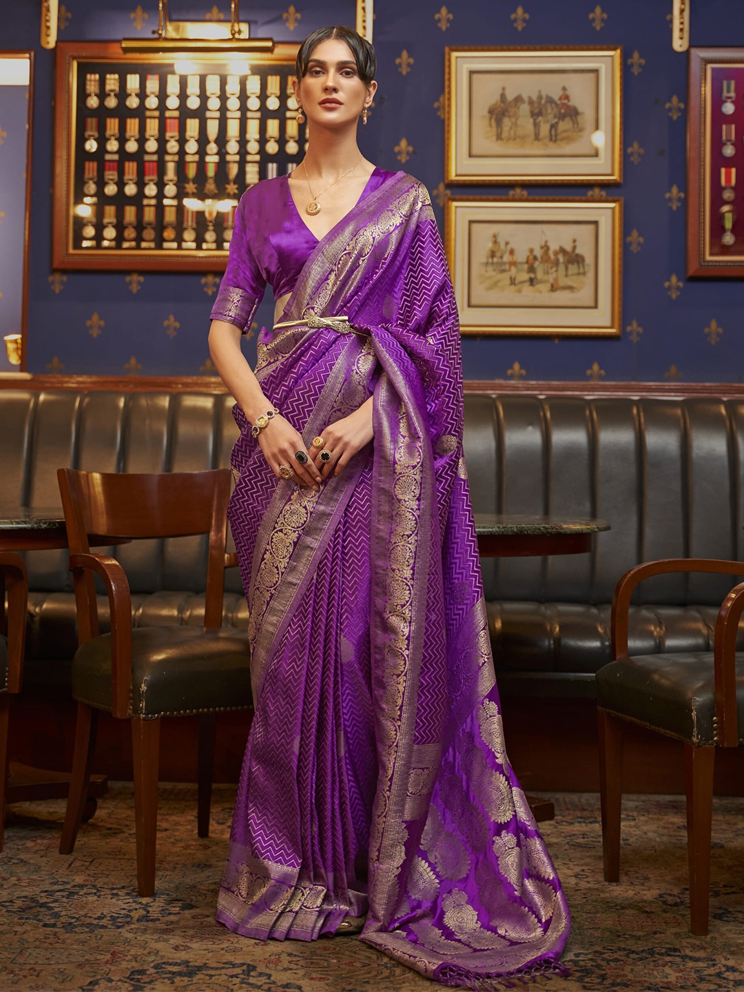 

elora Woven Design Satin Banarasi Saree, Purple