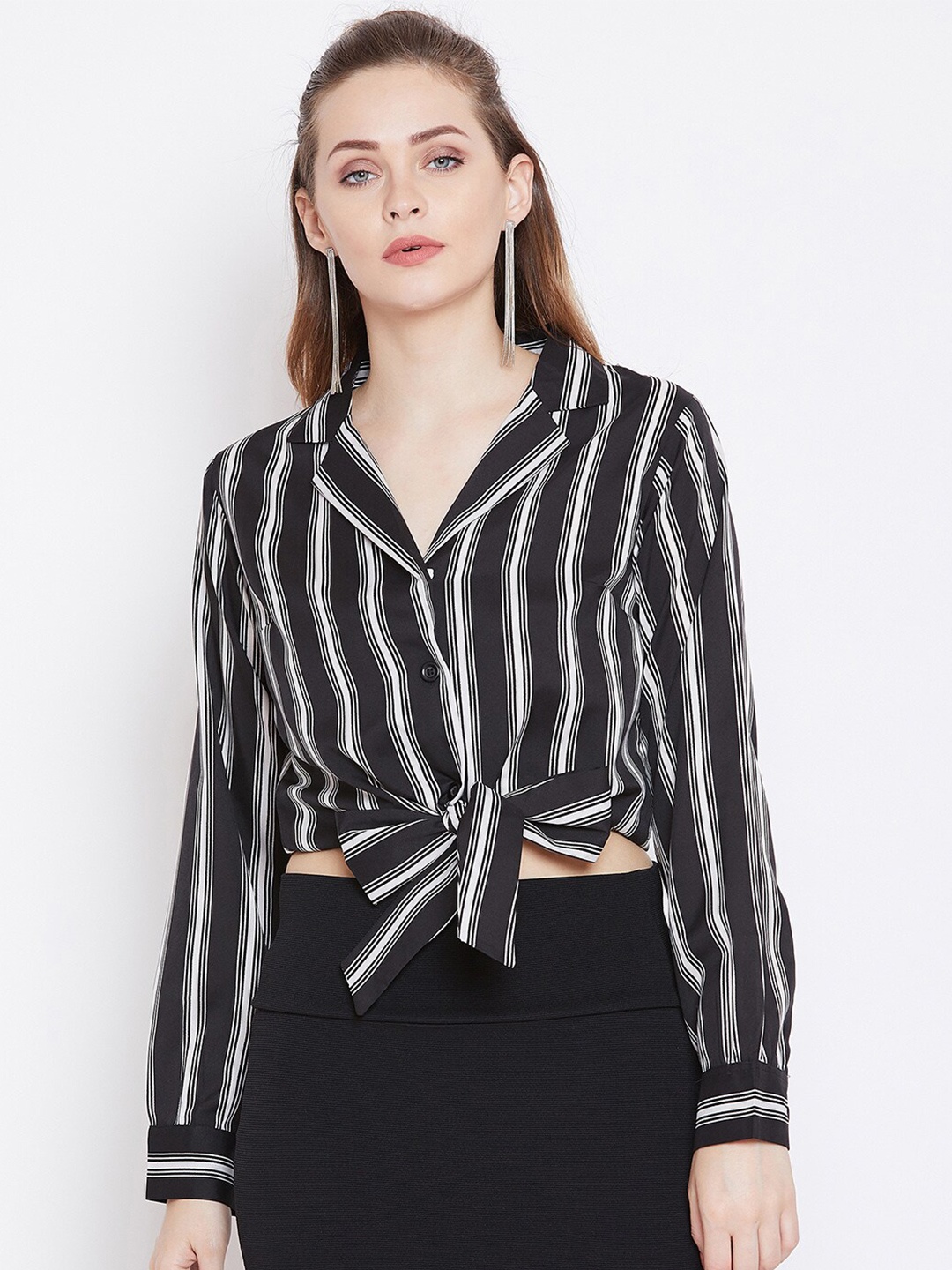 

Zastraa Striped Crepe Shirt Style Crop Top, Black