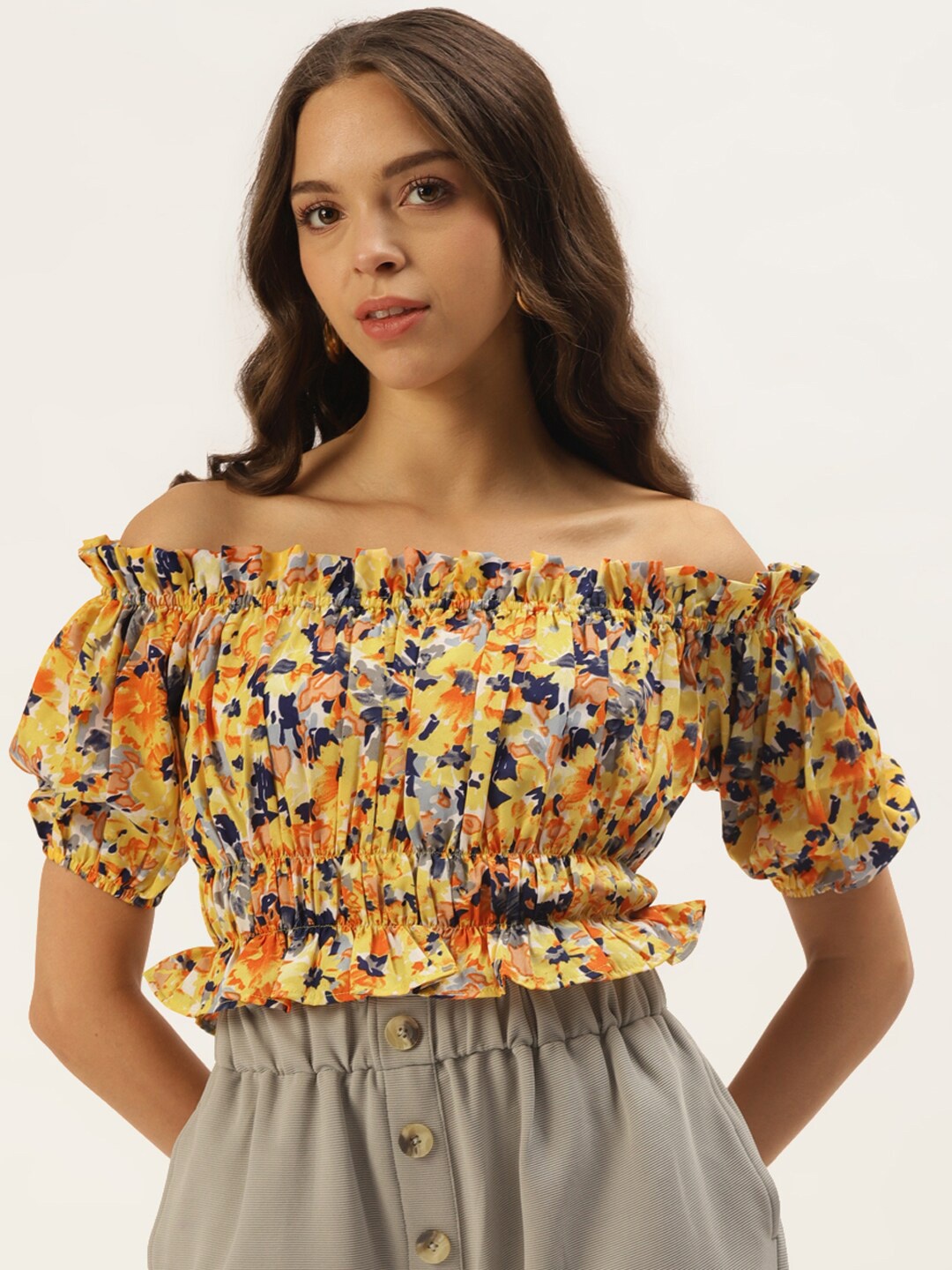 

Zastraa Floral Print Off-Shoulder Crepe Bardot Crop Top, Yellow