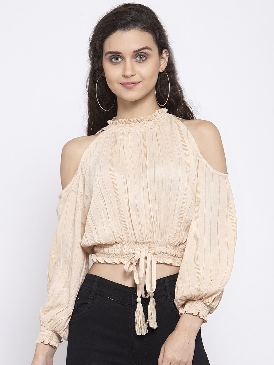 

Zastraa Accordion Pleats Blouson Crop Top, Beige