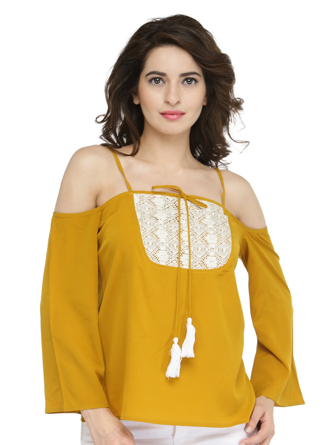 

Zastraa Shoulder Straps Lace Inserted Crepe Top, Mustard