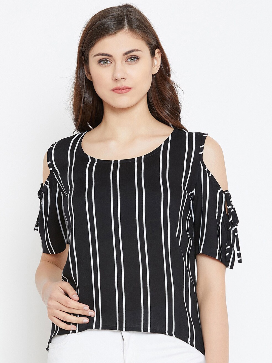 

Zastraa Striped Cold-shoulder Sleeves Crepe Regular Top, Black