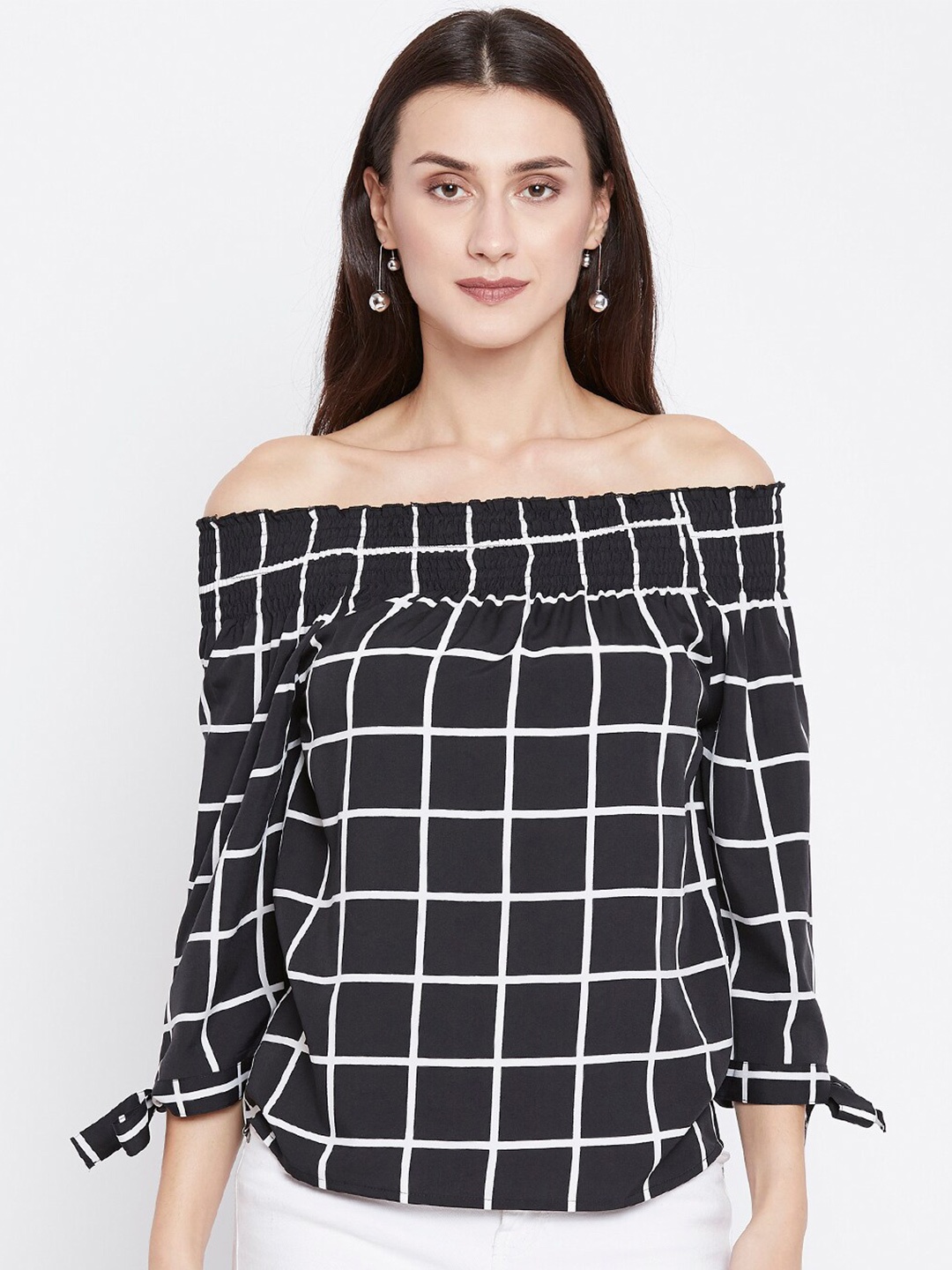 

Zastraa Checked Off-Shoulder Crepe Bardot Top, Black