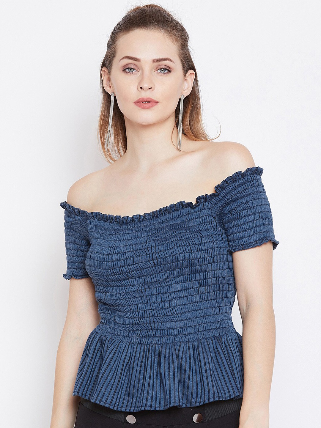 

Zastraa Striped Off-Shoulder Smocked Crepe Bardot Top, Navy blue