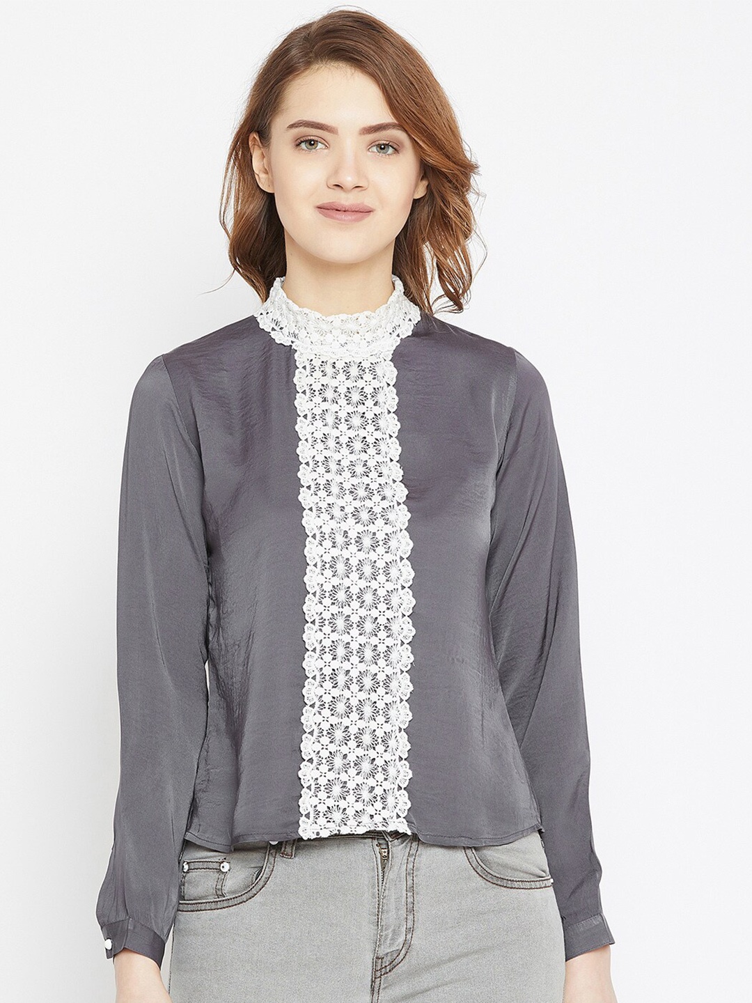 

Zastraa High Neck Lace Inserted Crepe Top, Grey