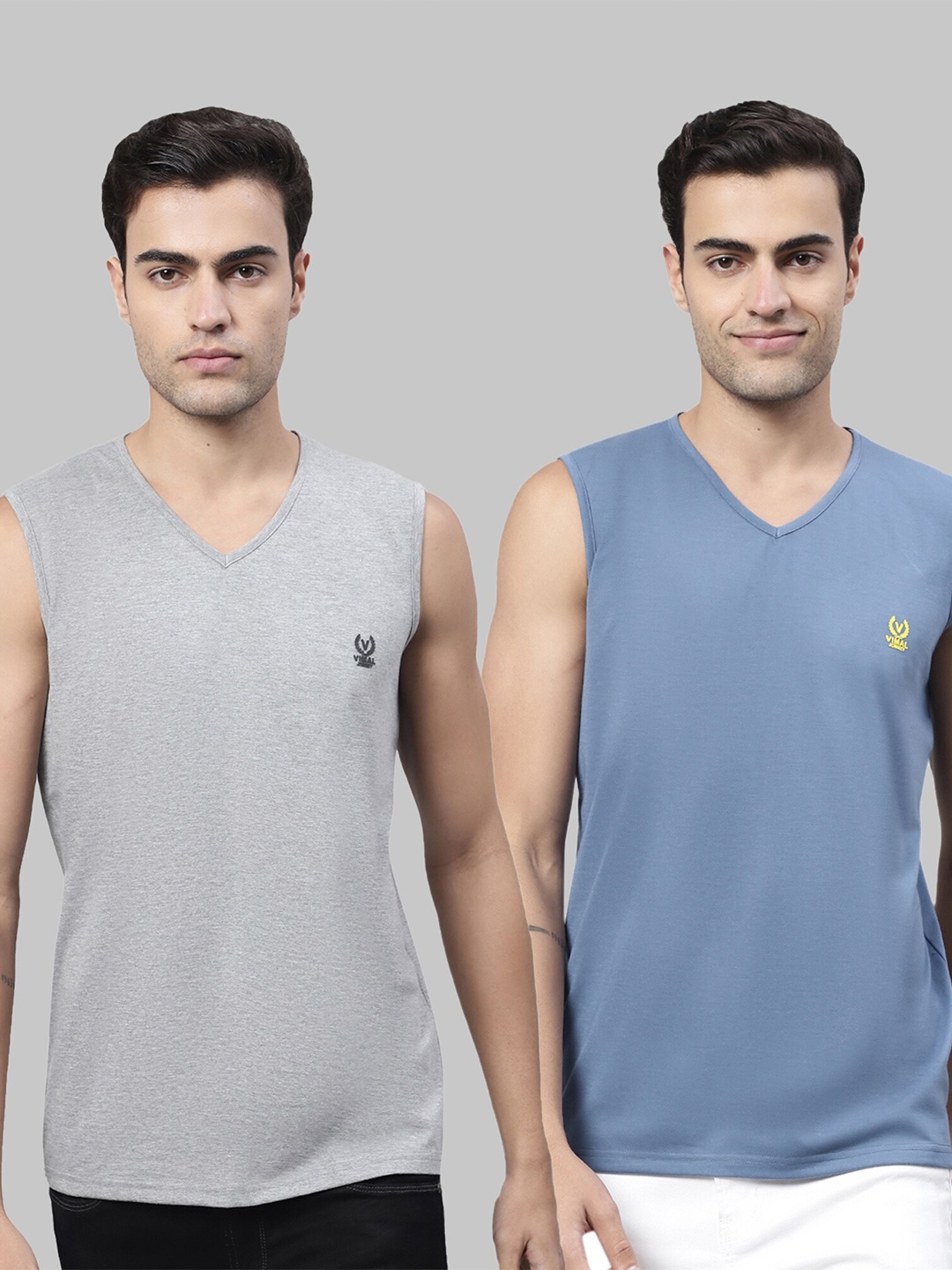

MACK JONNEY Pack of 2 V-Neck Sleeveless Cotton T-shirts, Grey