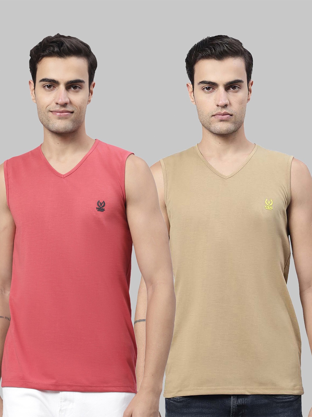 

MACK JONNEY Pack Of 2 V-Neck Sleeveless Cotton T-shirt, Coral