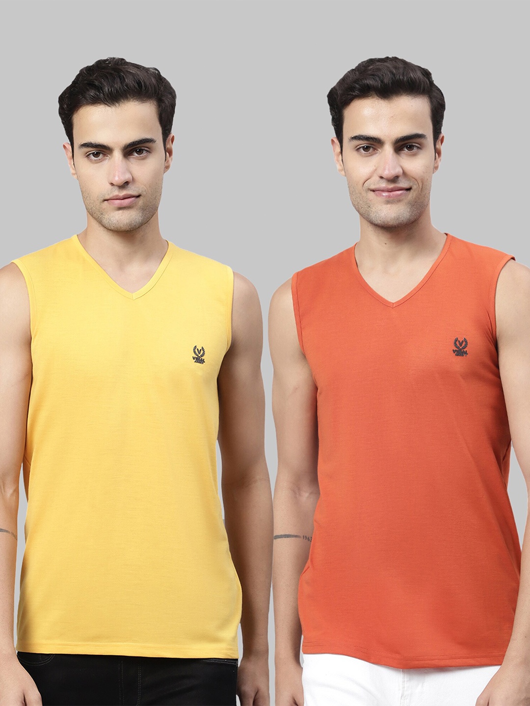 

VIMAL JONNEY Pack of 2 V-Neck Sleeveless Cotton T-shirts, Yellow