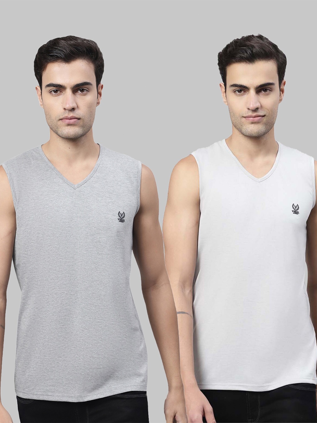 

MACK JONNEY Pack Of 2 V-Neck Cotton T-shirt, Grey melange
