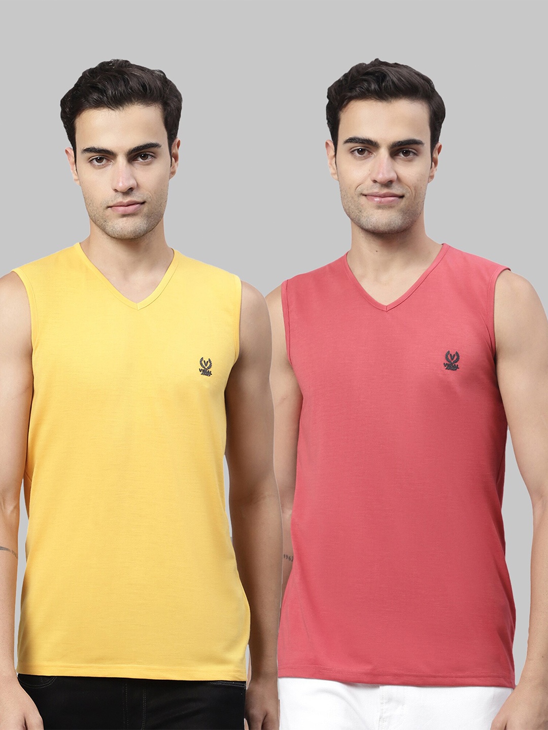 

MACK JONNEY Pack Of 2 Sleeveless V-Neck Solid Cotton T-shirt, Multi