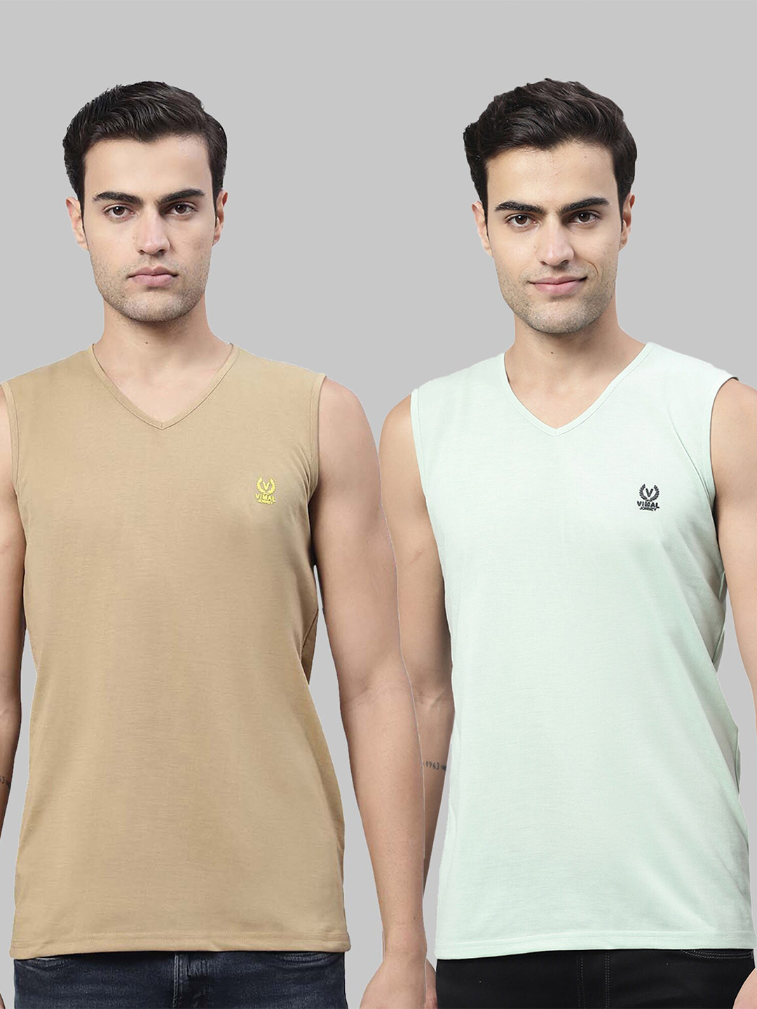 

MACK JONNEY Pack Of 2 V-Neck Cotton T-shirt, Beige