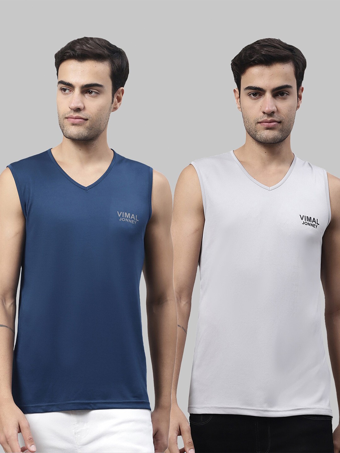 

VIMAL JONNEY Pack Of 2 V-Neck Sleeveless Dry Fit Gym T-shirt, Navy blue