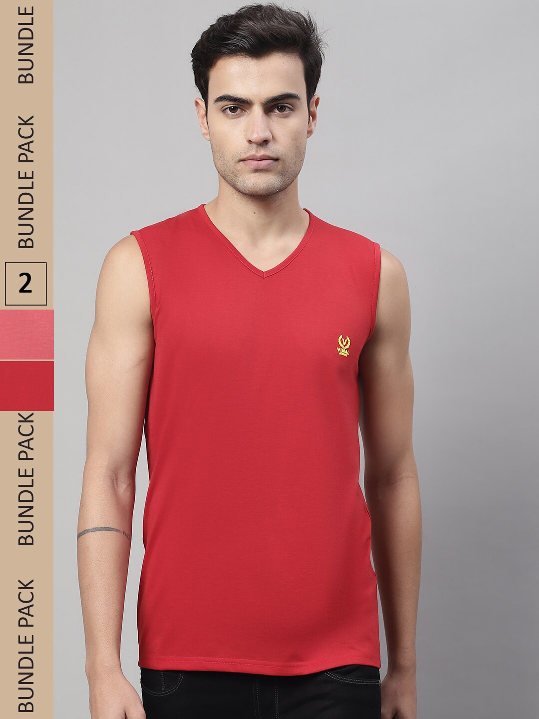 

MACK JONNEY Pack Of 2 V-Neck Sleeveless Cotton Sports Vest T-shirt, Red