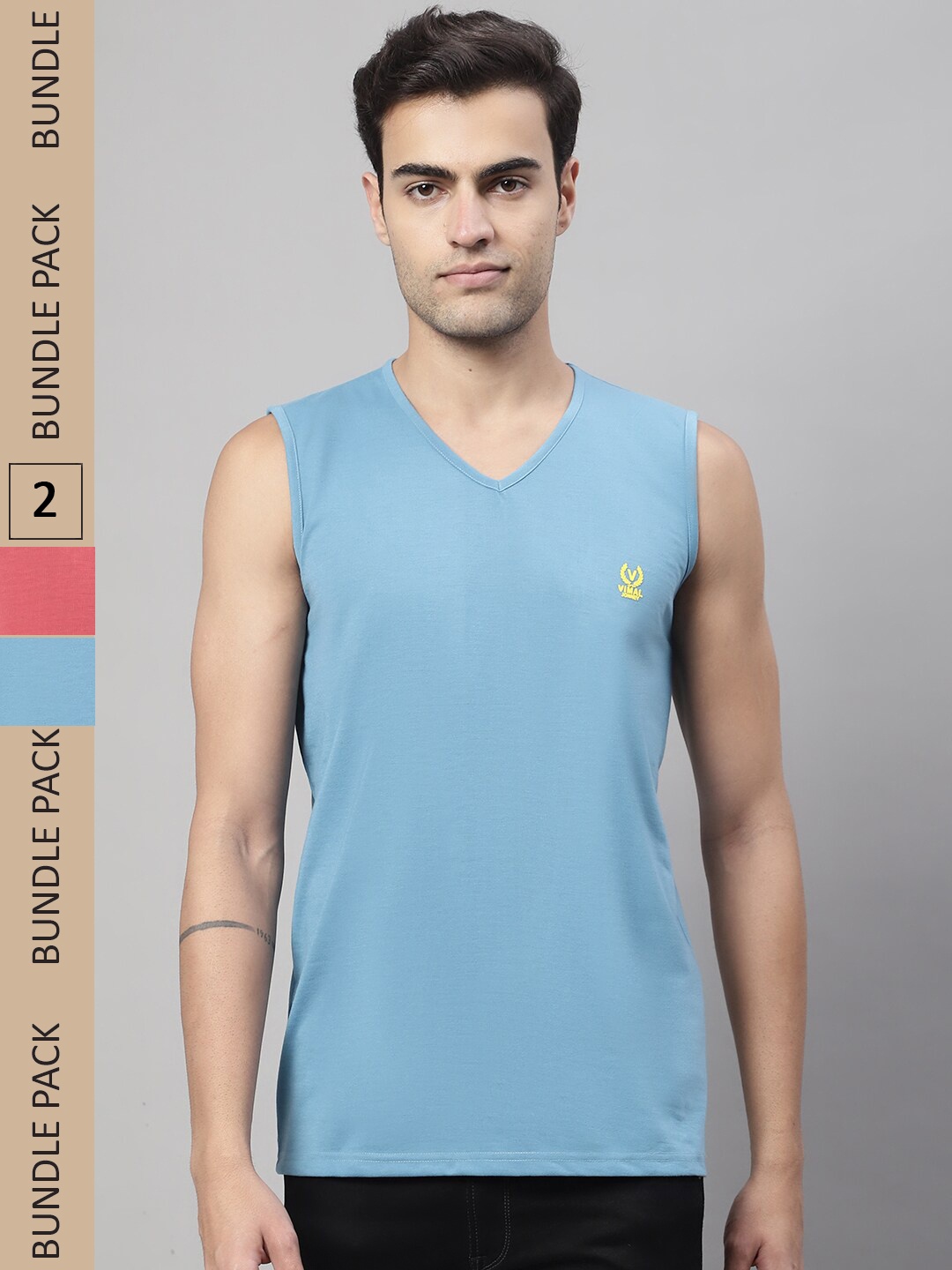 

MACK JONNEY Pack Of 2 V-Neck Sleeveless Dry Fit Gym T-shirt, Blue