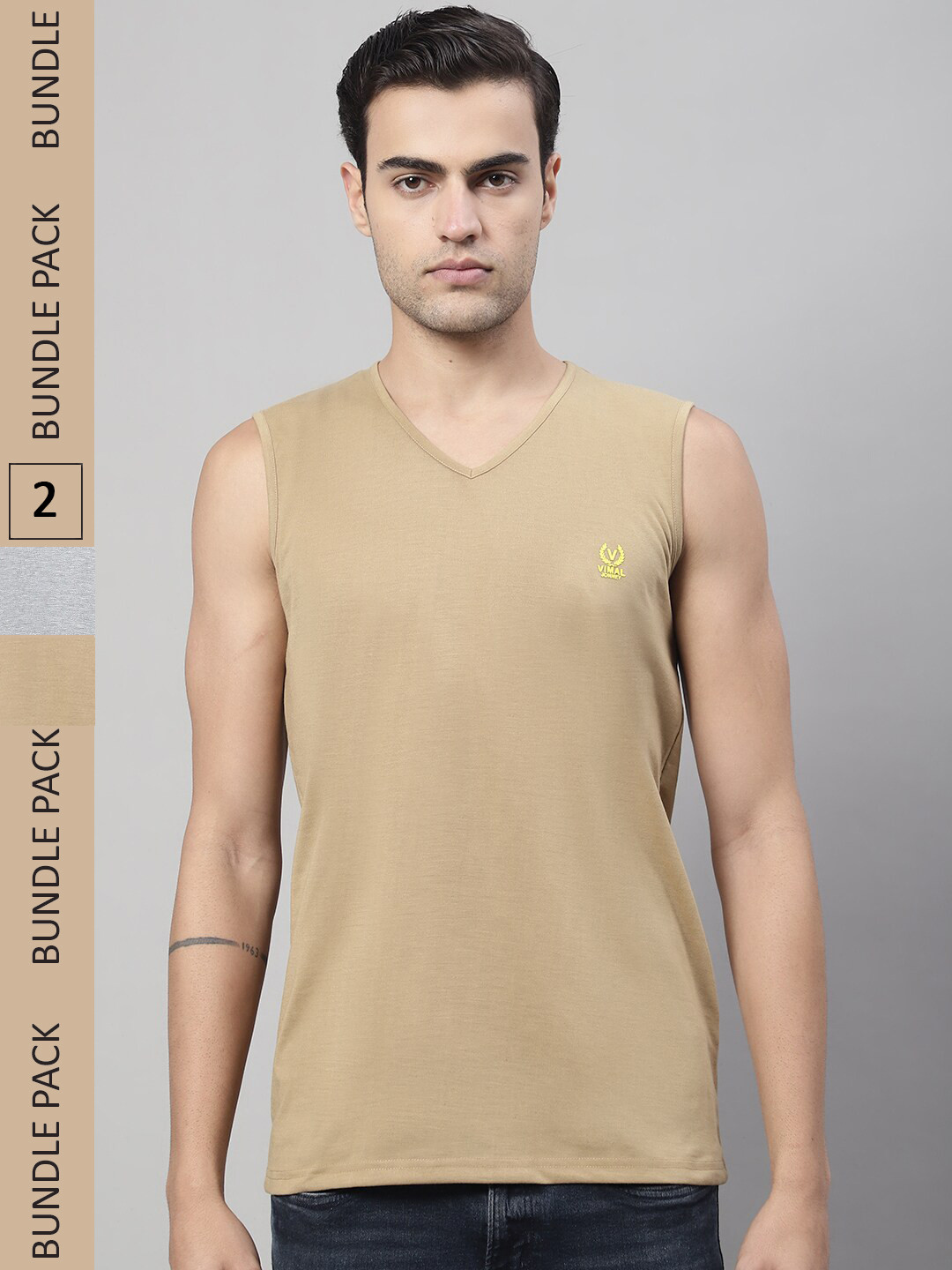 

MACK JONNEY Pack Of 2 V-Neck Cotton T-shirt, Beige